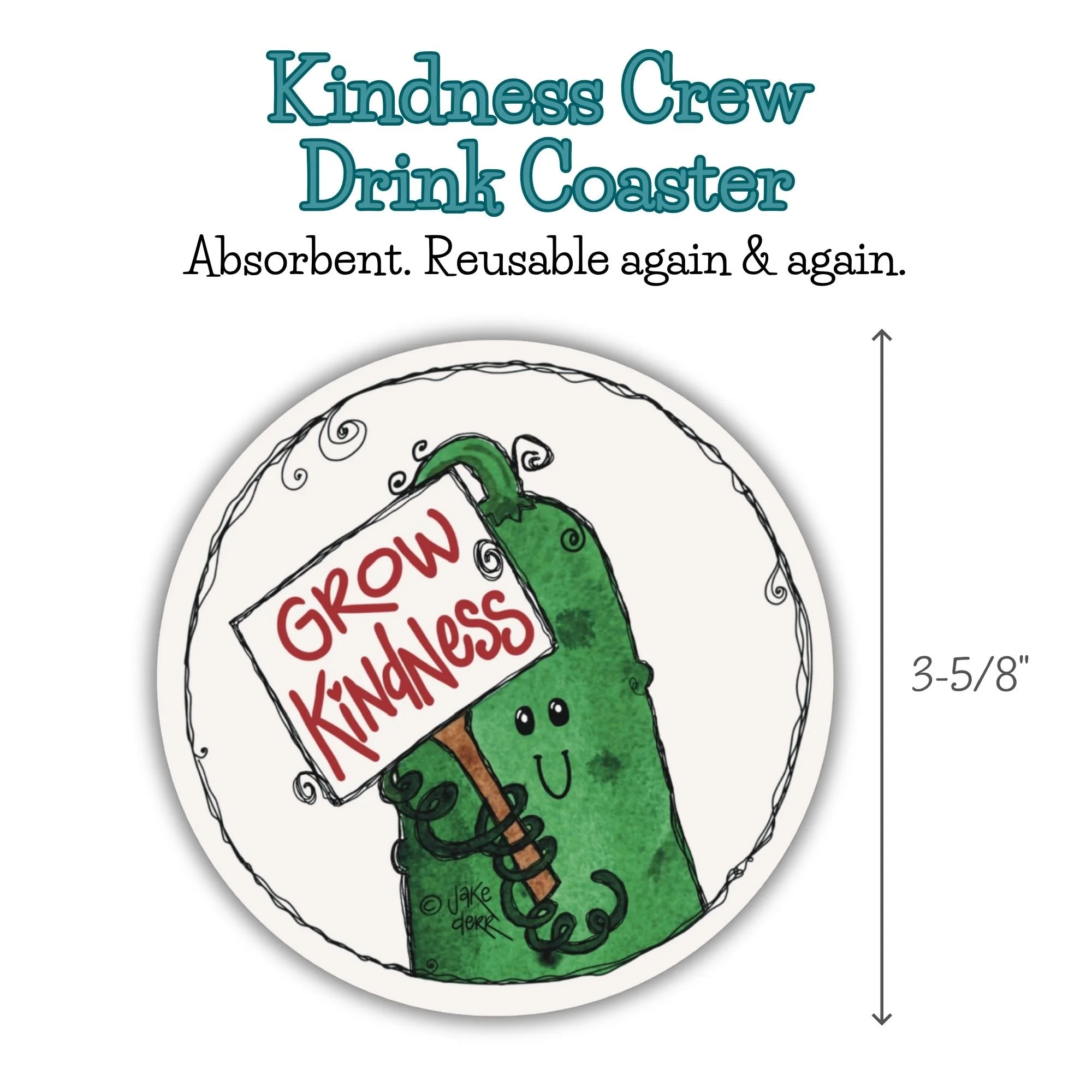 drink coaster with grow kindness cucumber design shown with labeled dimensions for sizing reference