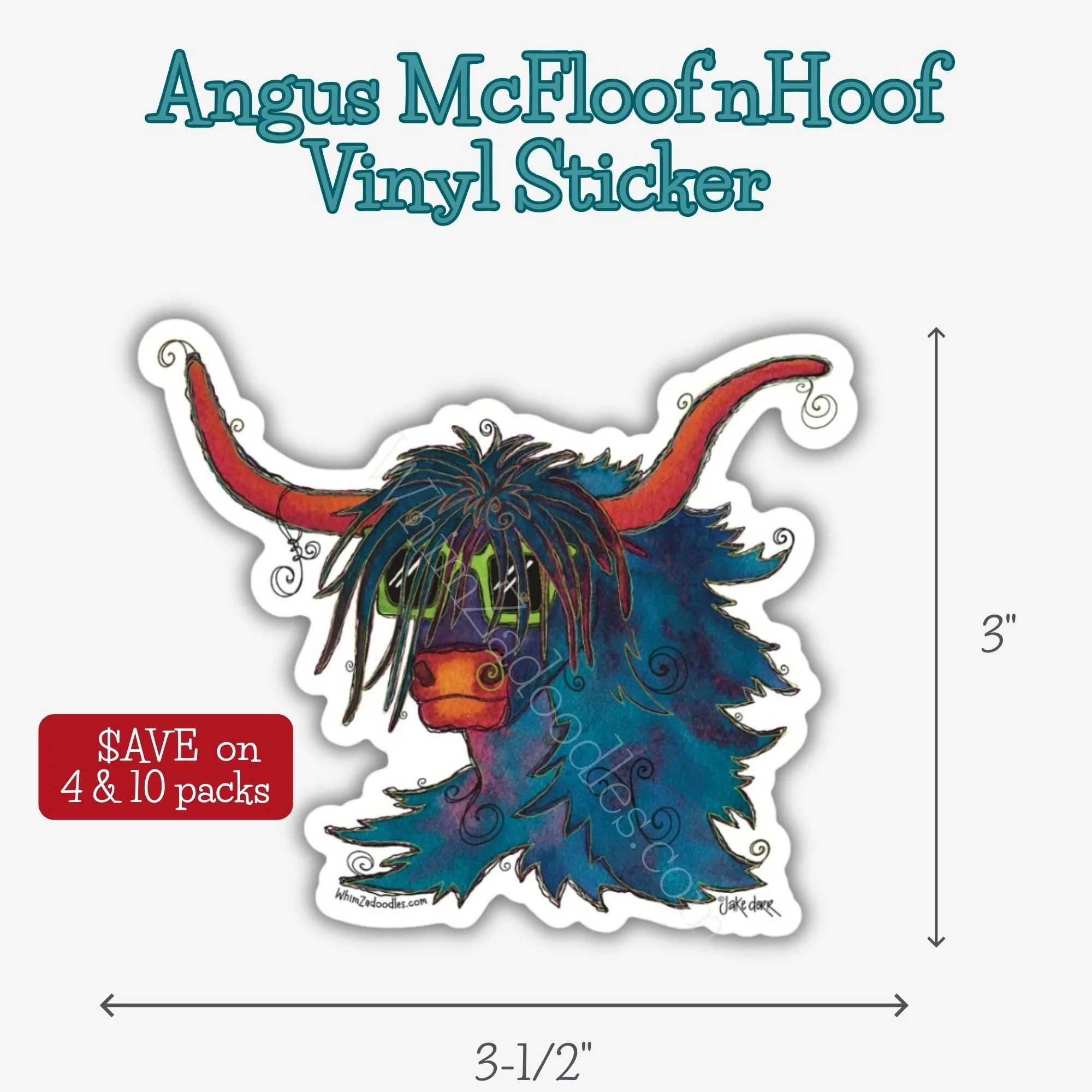 Die cut waterproof vinyl sticker featuring Angus McFloof’nHoof, a colorful shaggy Highland cow wearing bright lime green sunglasses.