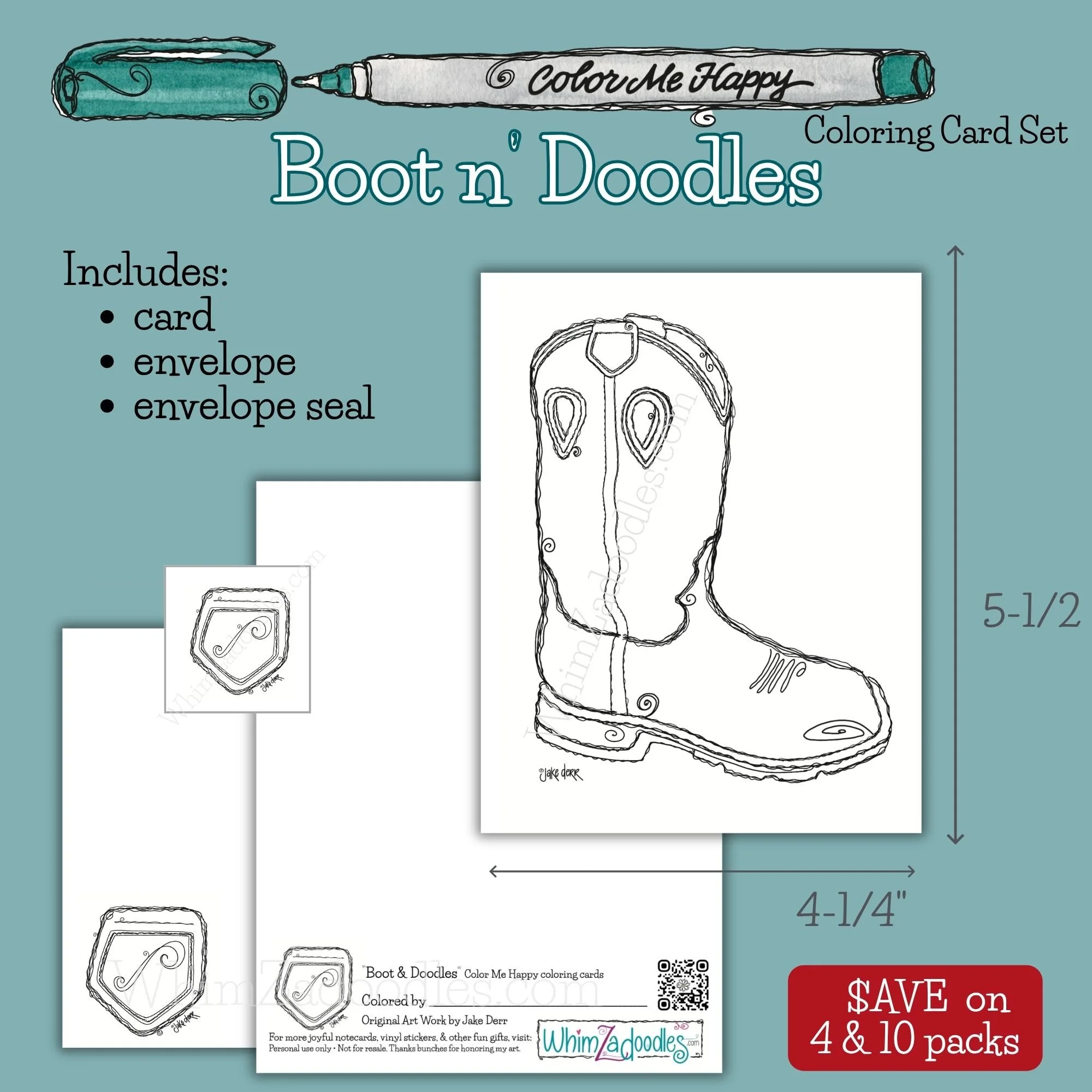 Color Me Happy card set featuring a whimsical cowboy boot illustration ready to personalize with markers, colored pencils, or gel pens.