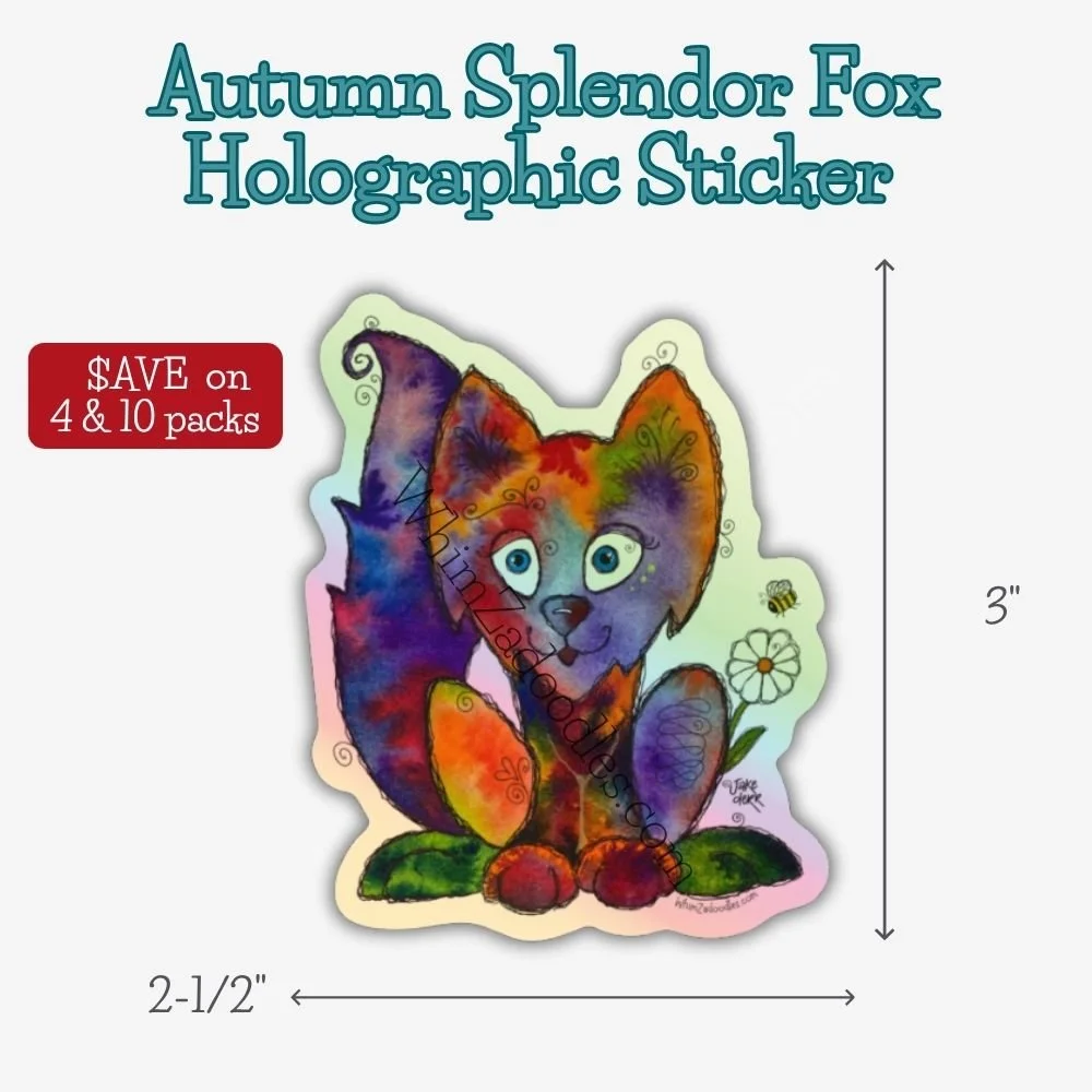 Shimmery holographic sticker featuring Autumn Splendor Fox watercolor artwork with shimmering rainbow highlights that catch the light beautifully.mn-splendor-fox-holographic-watercolor-sticker.jpg