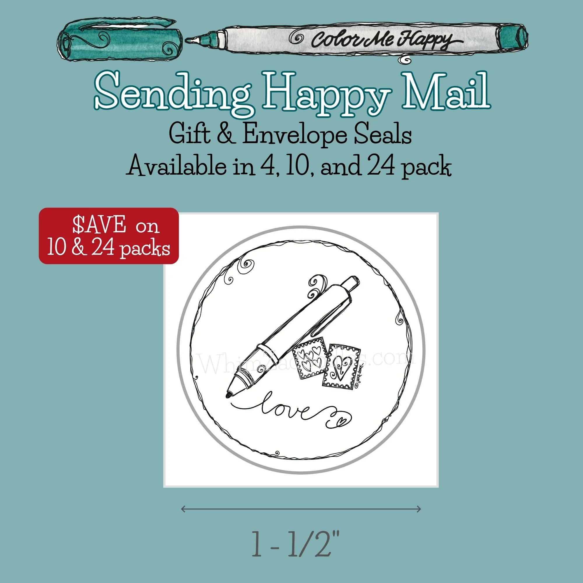 Color Me Happy envelope seals featuring mail-themed line art designed for coloring and personalizing correspondence