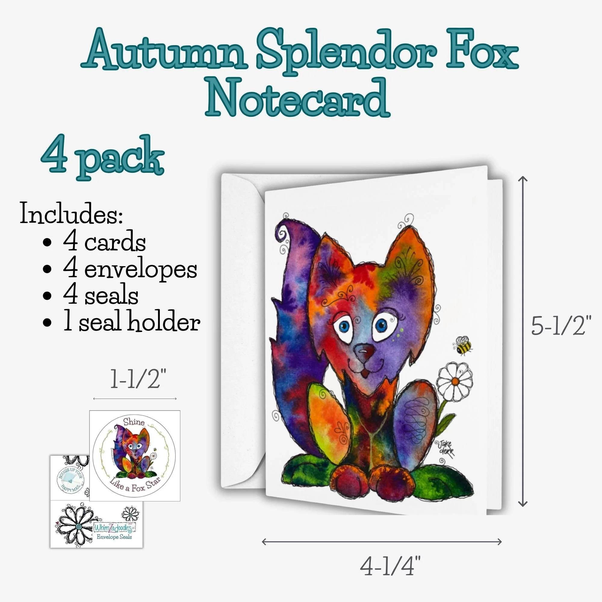 Set of four Autumn Splendor Fox notecards with envelopes and matching seals, blank inside for personal messages