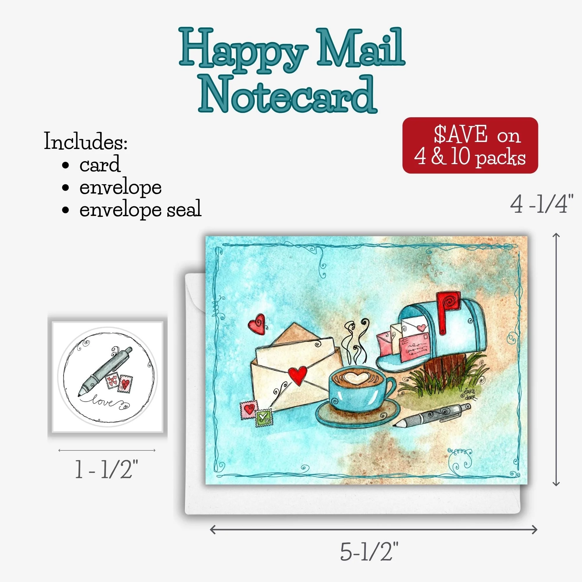 Watercolor Sending Happy Mail greeting card featuring a cheerful mailbox, envelope, flowers, and coffee cup illustration.