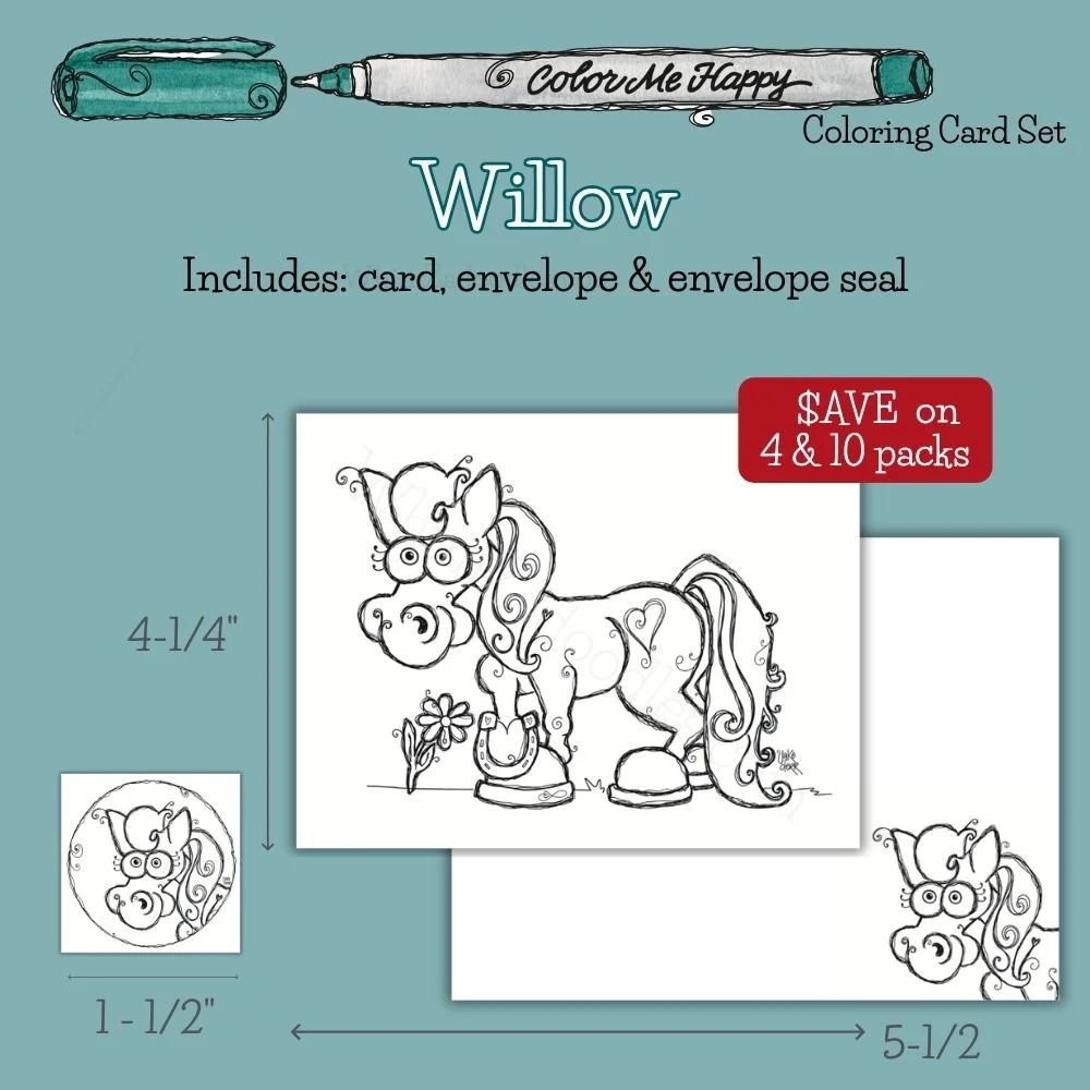 Color Me Happy greeting card set featuring Willow Flower as a whimsical horse line drawing to color, personalize, and share.