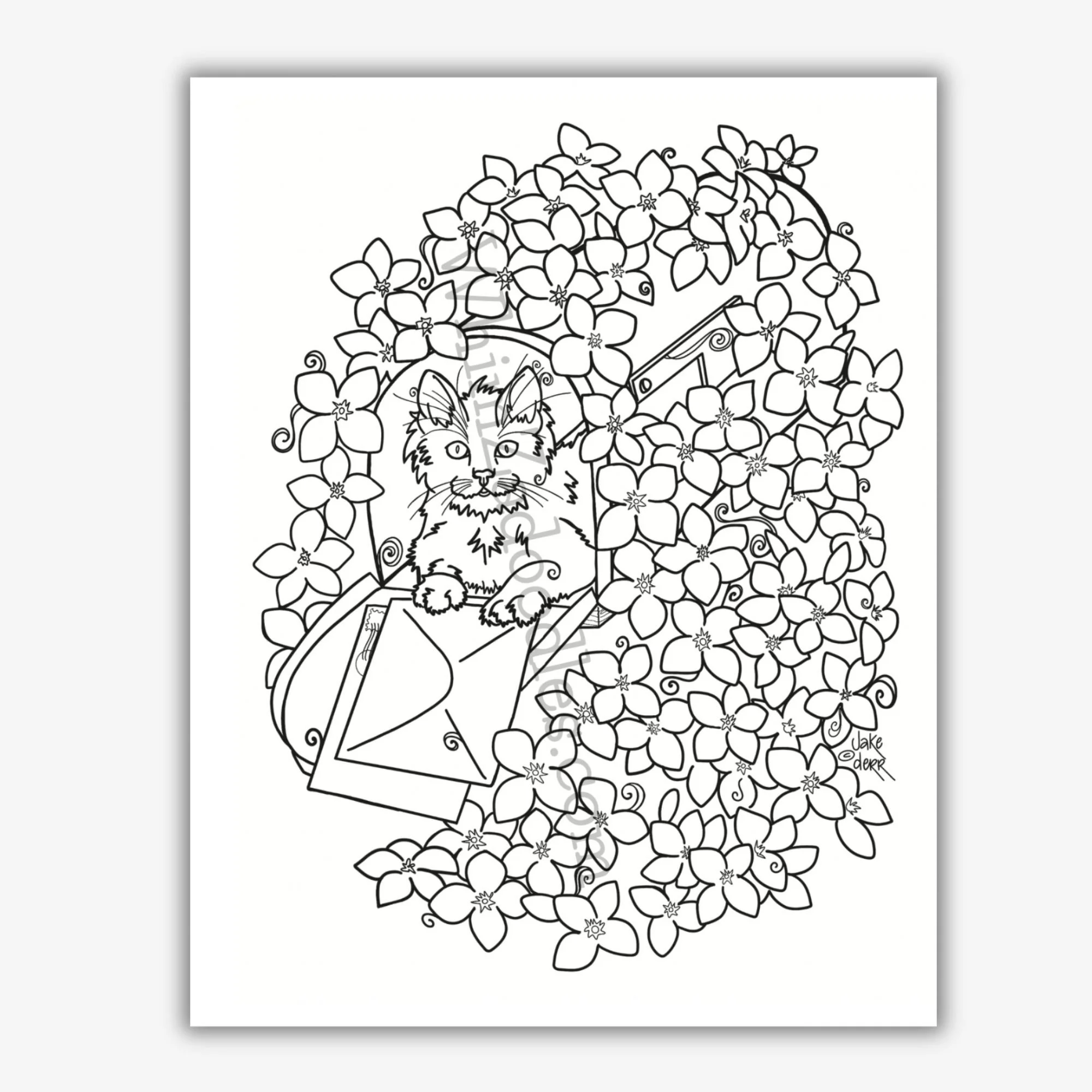 kitten surrounded by flowers holding envelope in detailed line drawing with matching stationery set