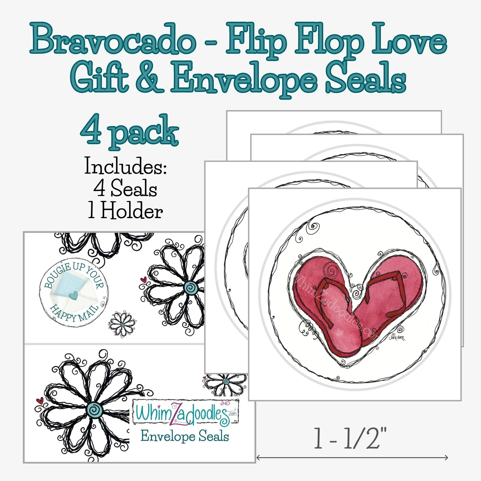 Set of four Flip Flop Love envelope seals with size reference, featuring heart-shaped flip flop design and playful doodle lines