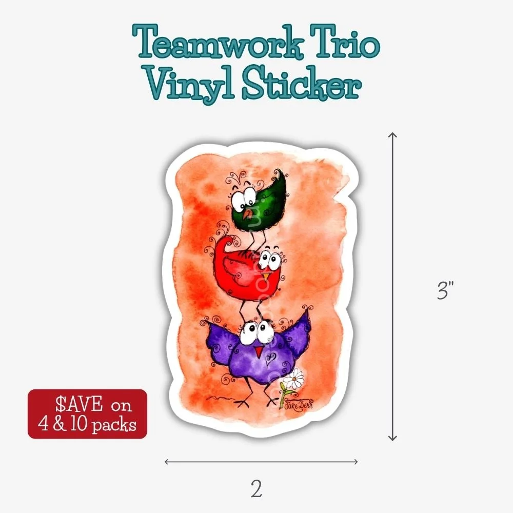 Waterproof vinyl sticker featuring three colorful birds lifting one another up, a cheerful reminder that kindness and teamwork make life's journey brighter.