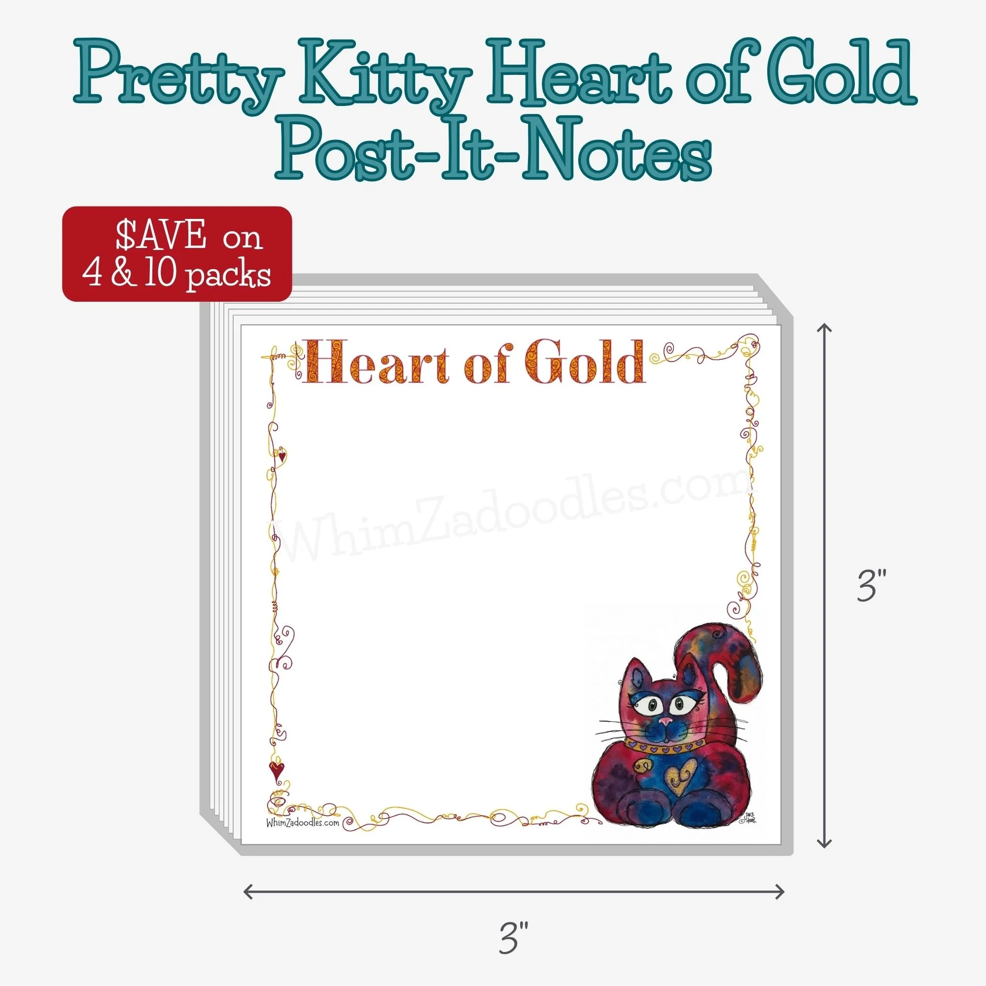 Heart of Gold Kitty sticky notes featuring a colorful watercolor cat design for reminders, happy mail, office desks, and thoughtful gifts.
