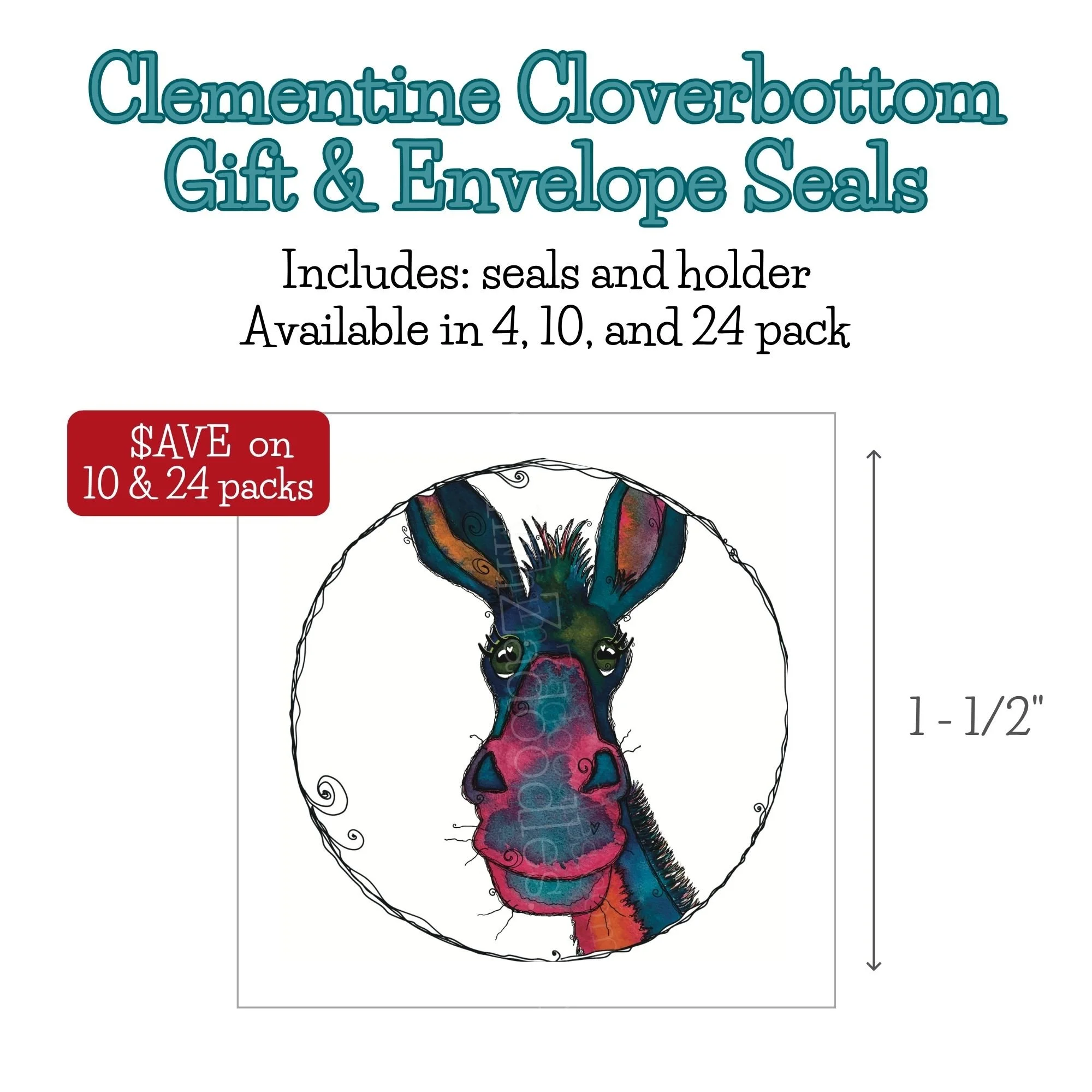 Whimsical envelope and gift seals featuring colorful Clementine Cloverbottom donkey watercolor artwork for happy mail, gift wrapping, and cheerful packaging.