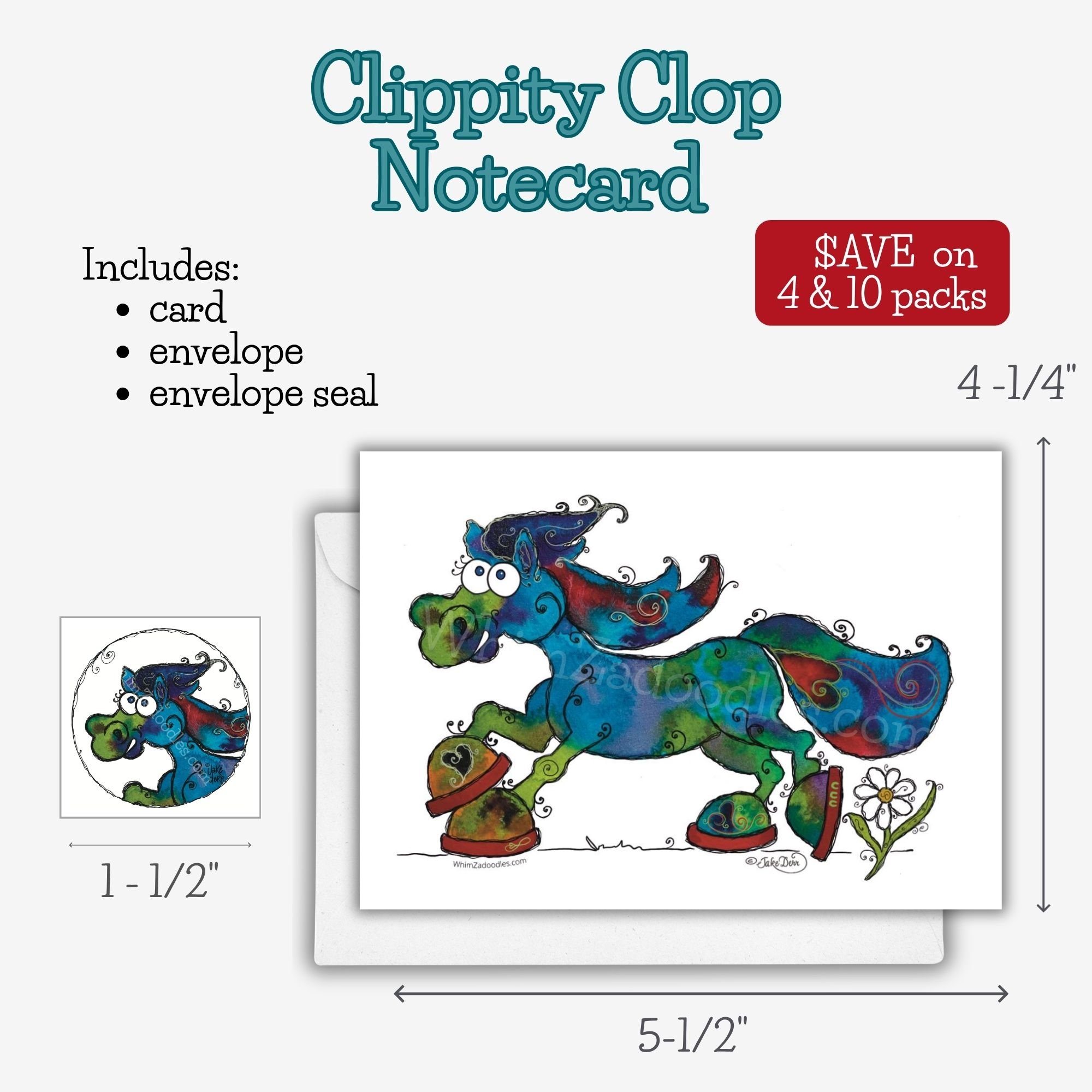 Whimsical watercolor horse notecard featuring Clippity Clop in vibrant colors on a blank greeting card for encouragement, friendship, and happy mail.