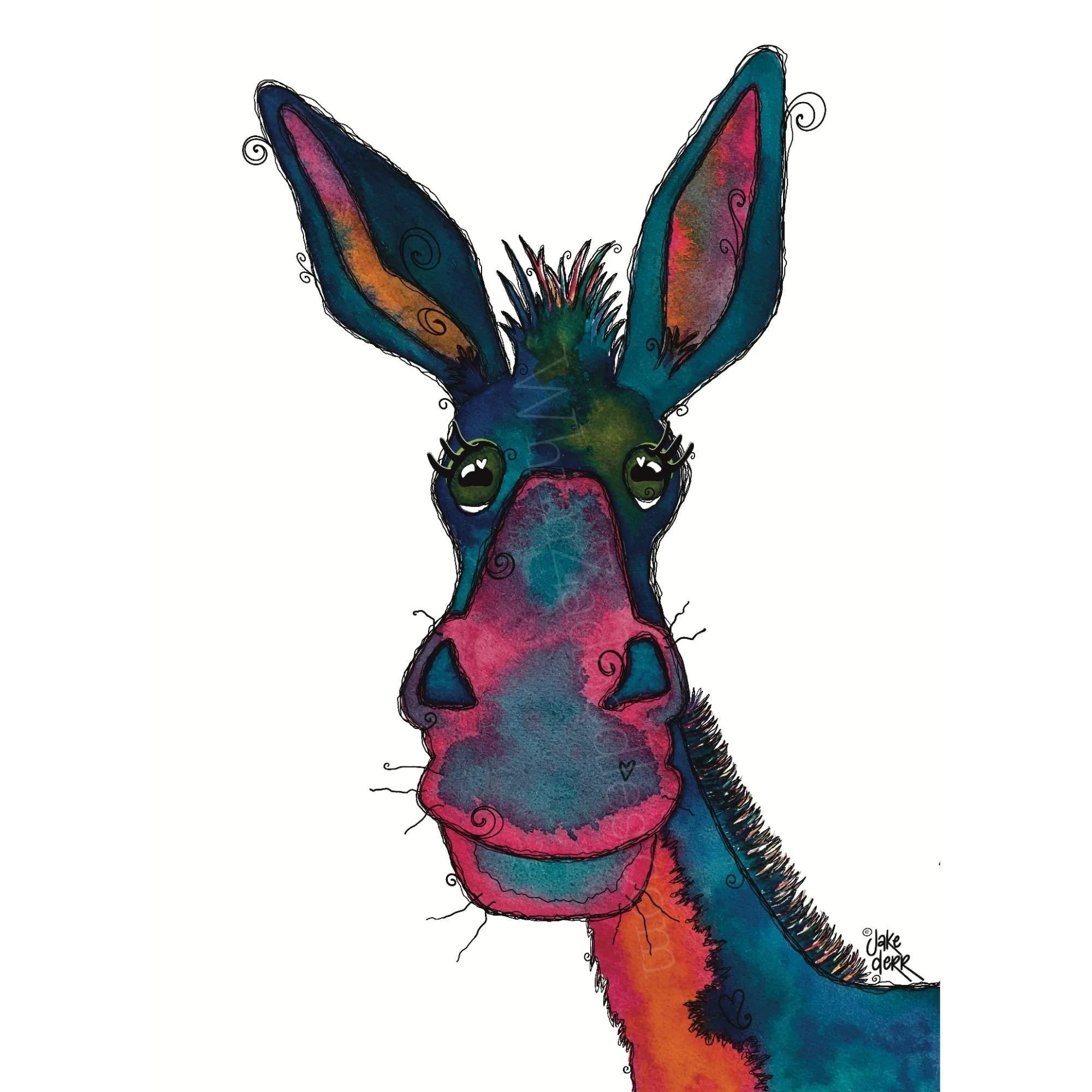 Colorful whimsical watercolor donkey named Clementine Cloverbottom with soft kind eyes, playful doodle details, and bright cheerful colors on a light background.