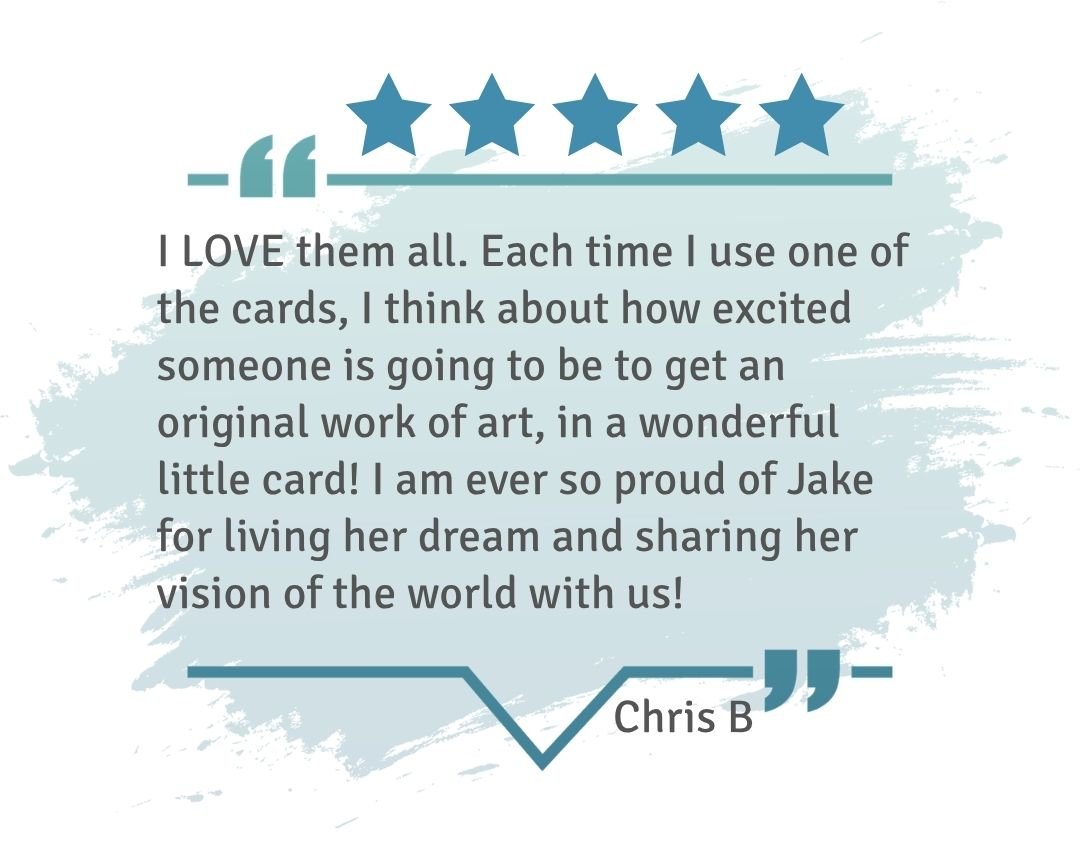 Five-star review expressing love for original artwork cards and the joy of sending meaningful, artist-created designs to others