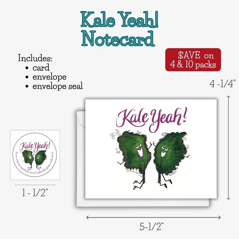 Whimsical Kale Yeah watercolor notecard with happy high-fiving kale leaves and matching envelope seal. Blank inside for encouragement or everyday notes.