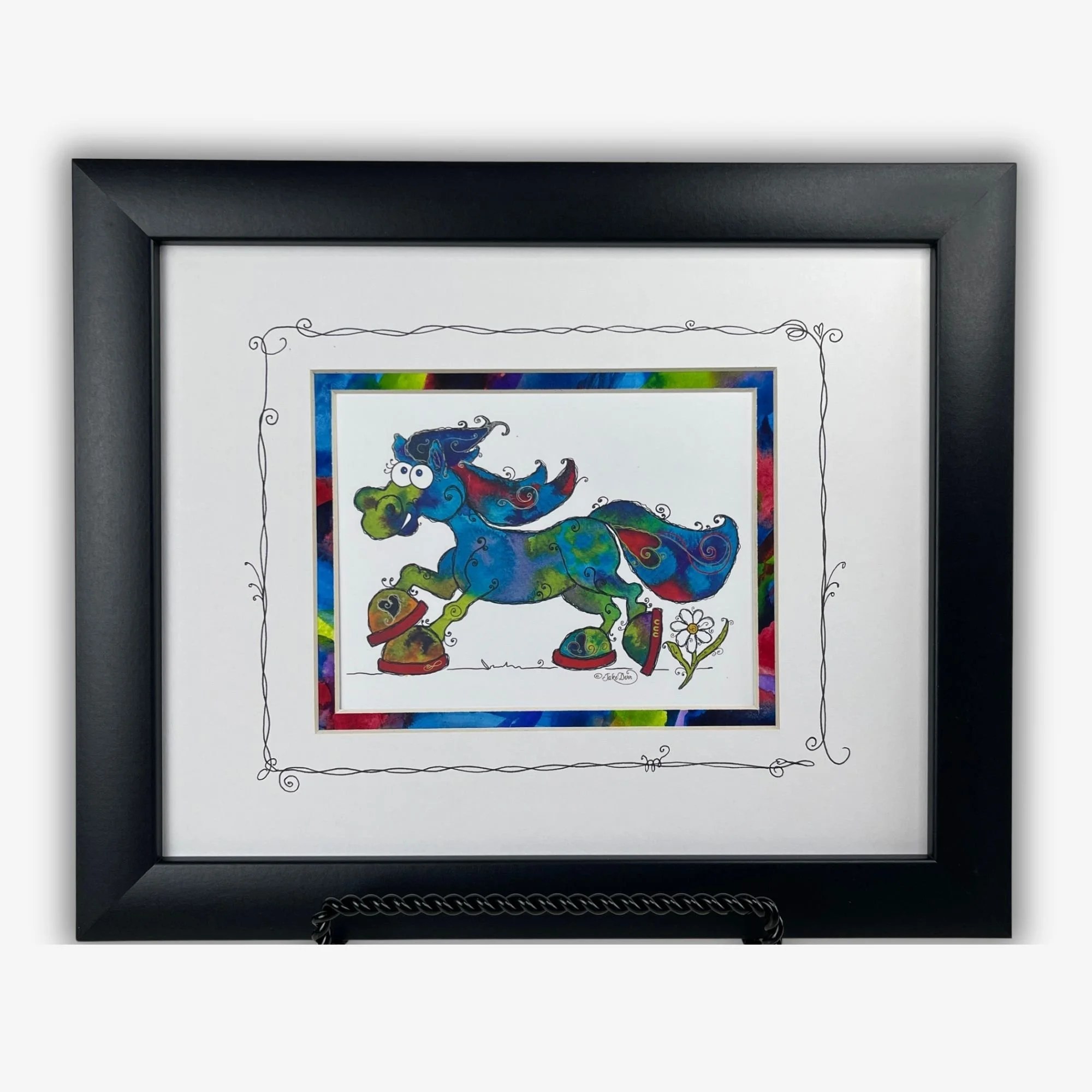 Clippity Clop colorful horse art, custom matted and framed with hand-painted blue, red, purple and lime green mat and hand-doodled details.