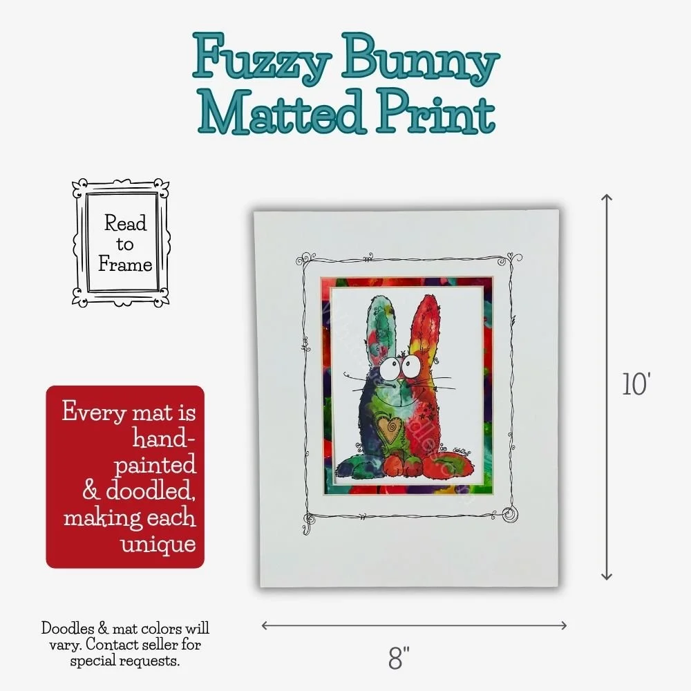 Adorable bunny watercolor art with hand-painted and doodled mat, shown with dimensions and ready to frame.
