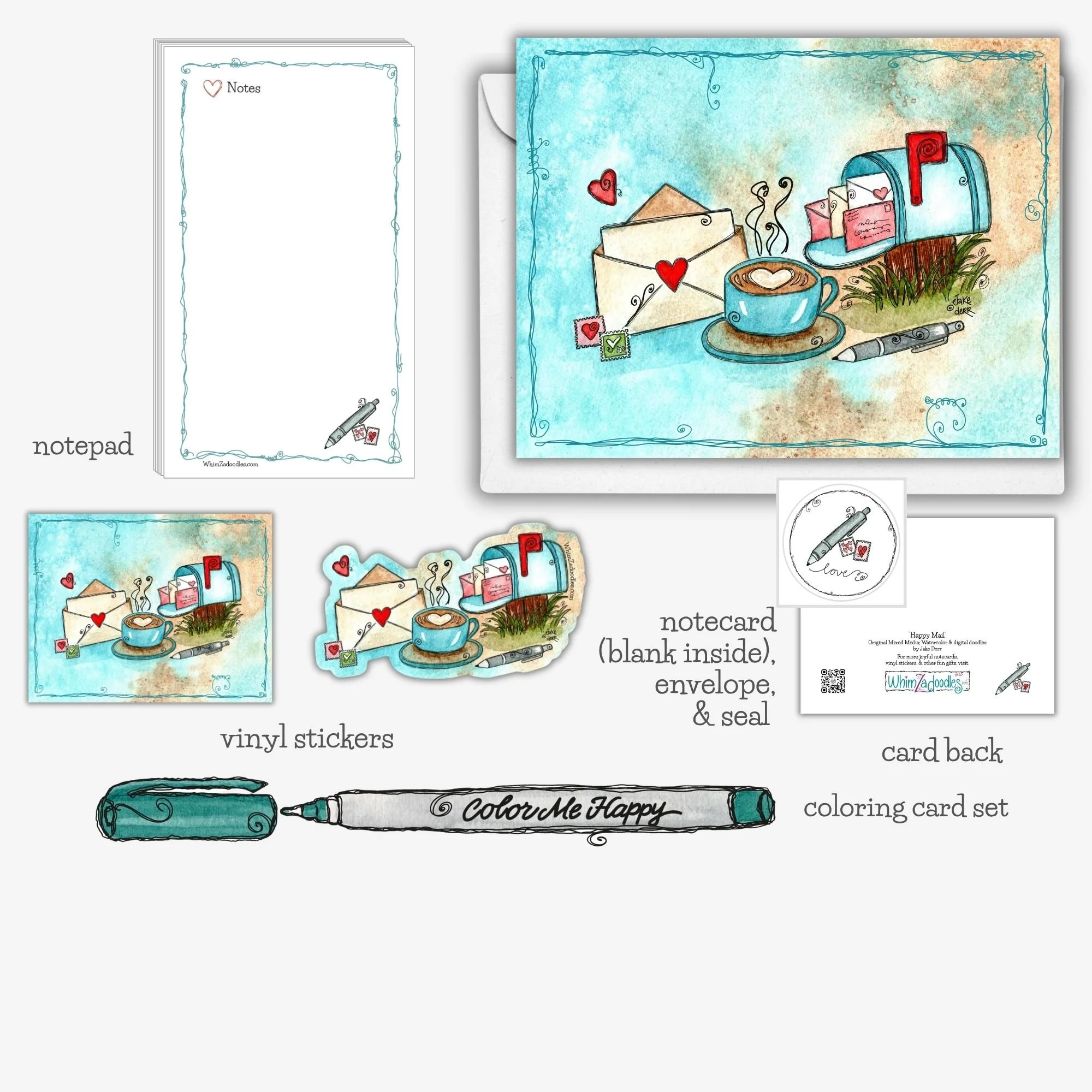 Sending Happy Mail collection featuring greeting cards, stickers, envelope seals, notepad, and coloring card gifts with cheerful mail-themed artwork.