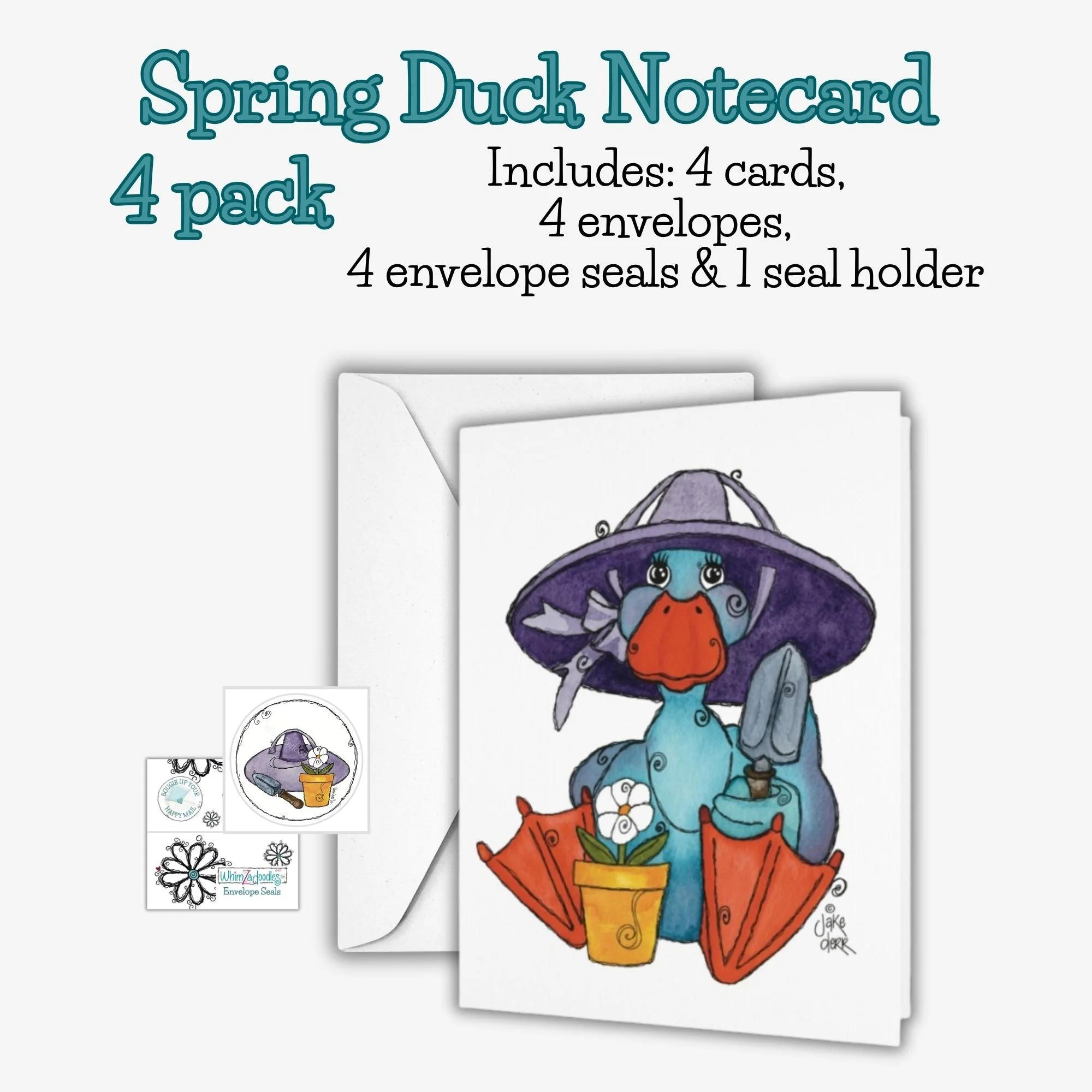 Set of four notecards featuring teal duck gardener with purple hat and daisy planting scene in bright watercolor style