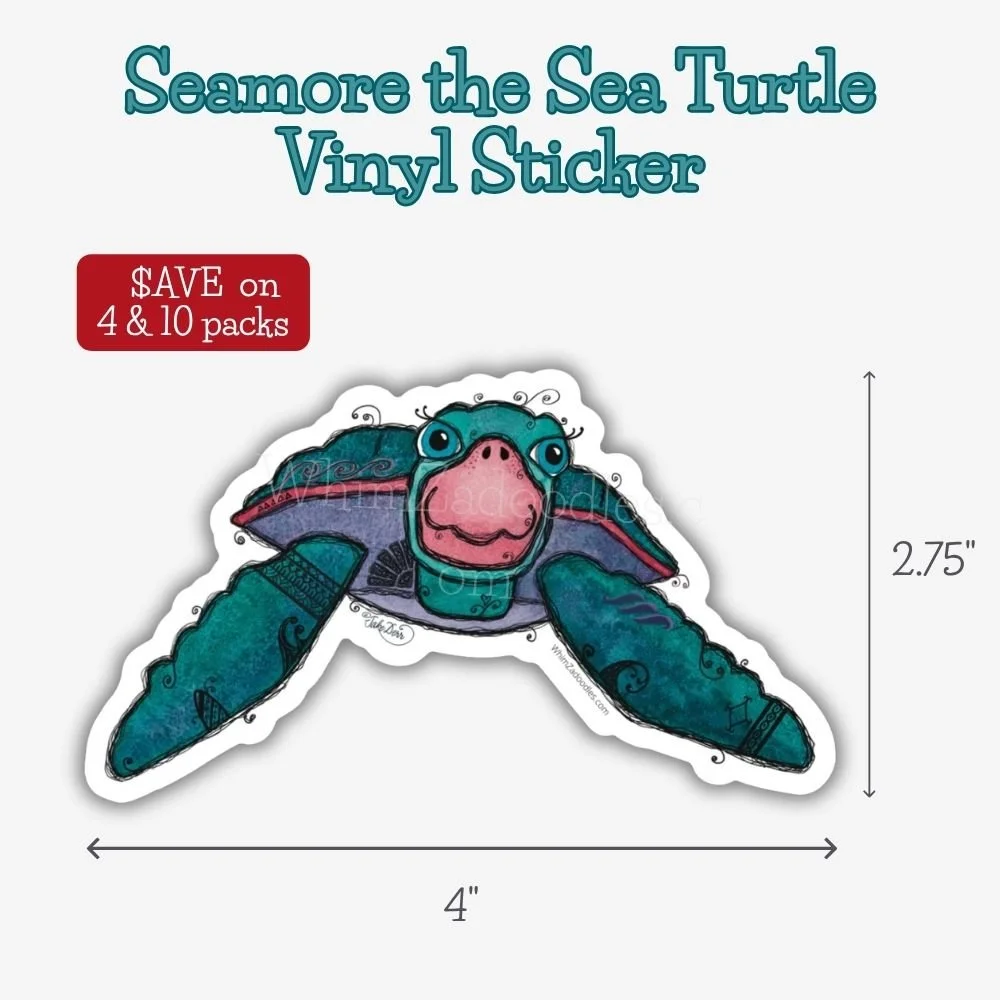 Large waterproof vinyl sticker featuring Seamore the whimsical watercolor sea turtle, bringing encouragement, coastal joy, and a reminder to Seas the Day & Shine.