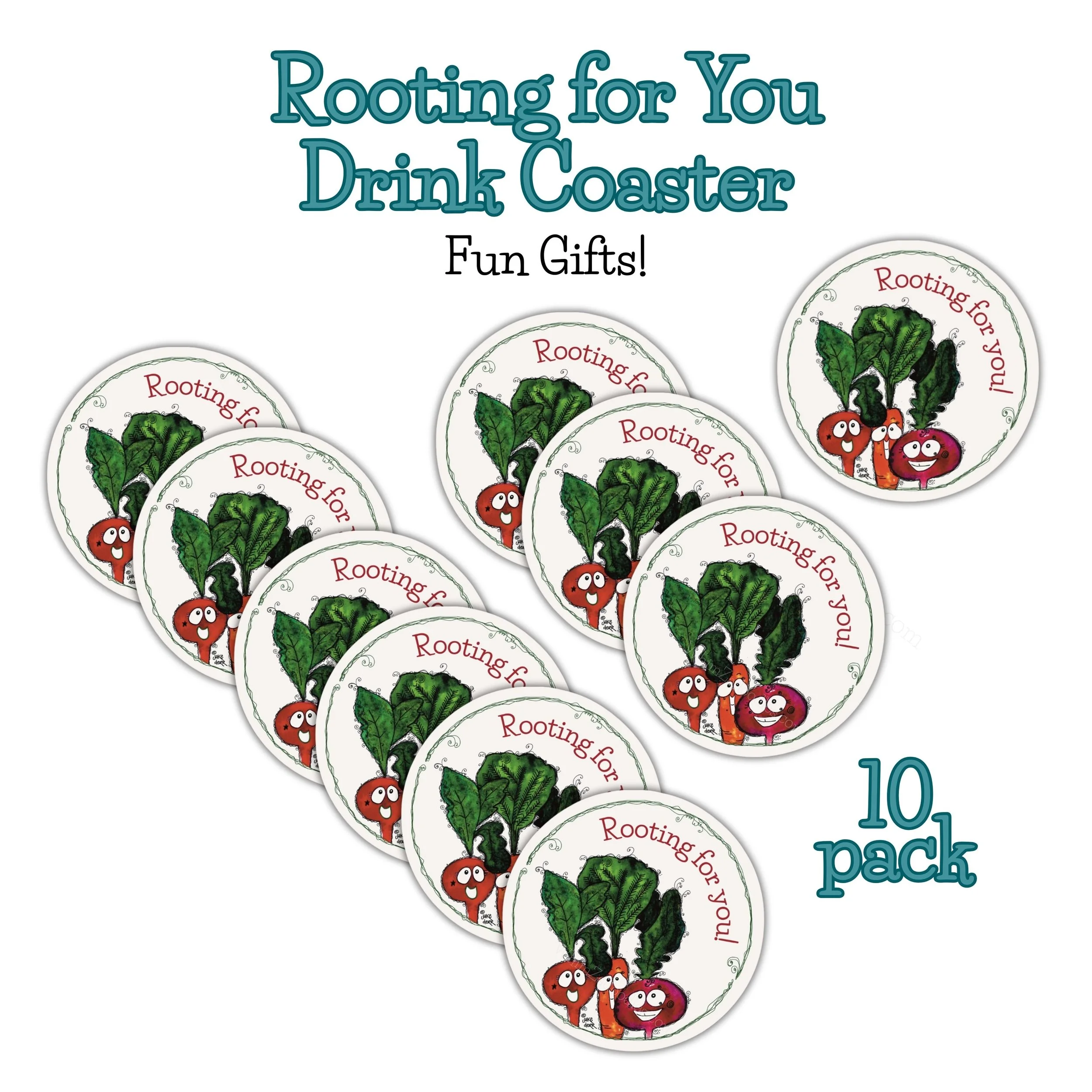 Set of 10 Rooting for You drink coasters. Ideal for gatherings, client gifts, or keeping kindness within reach throughout your space.