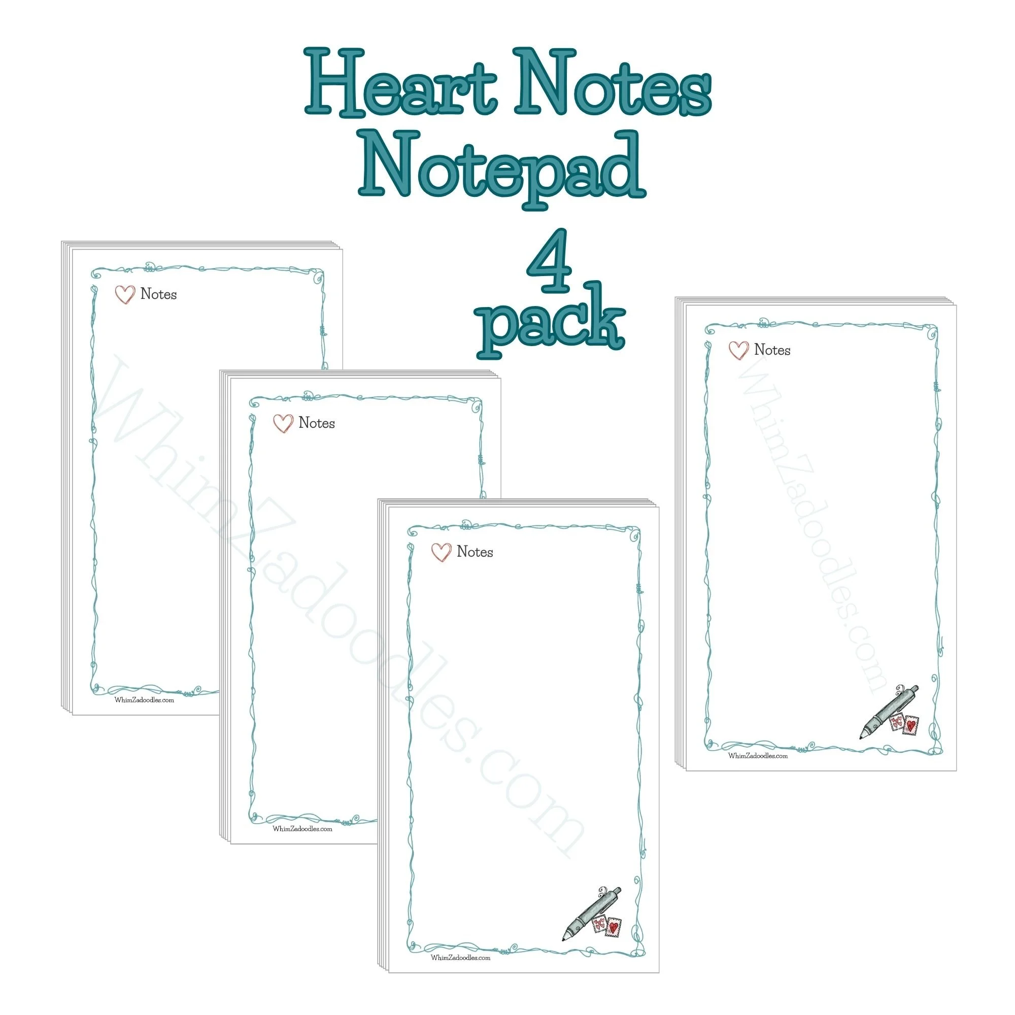 Four Heart Notes notepads stacked slightly offset, each showing teal doodle edging and small pen and stamps illustration in the corner