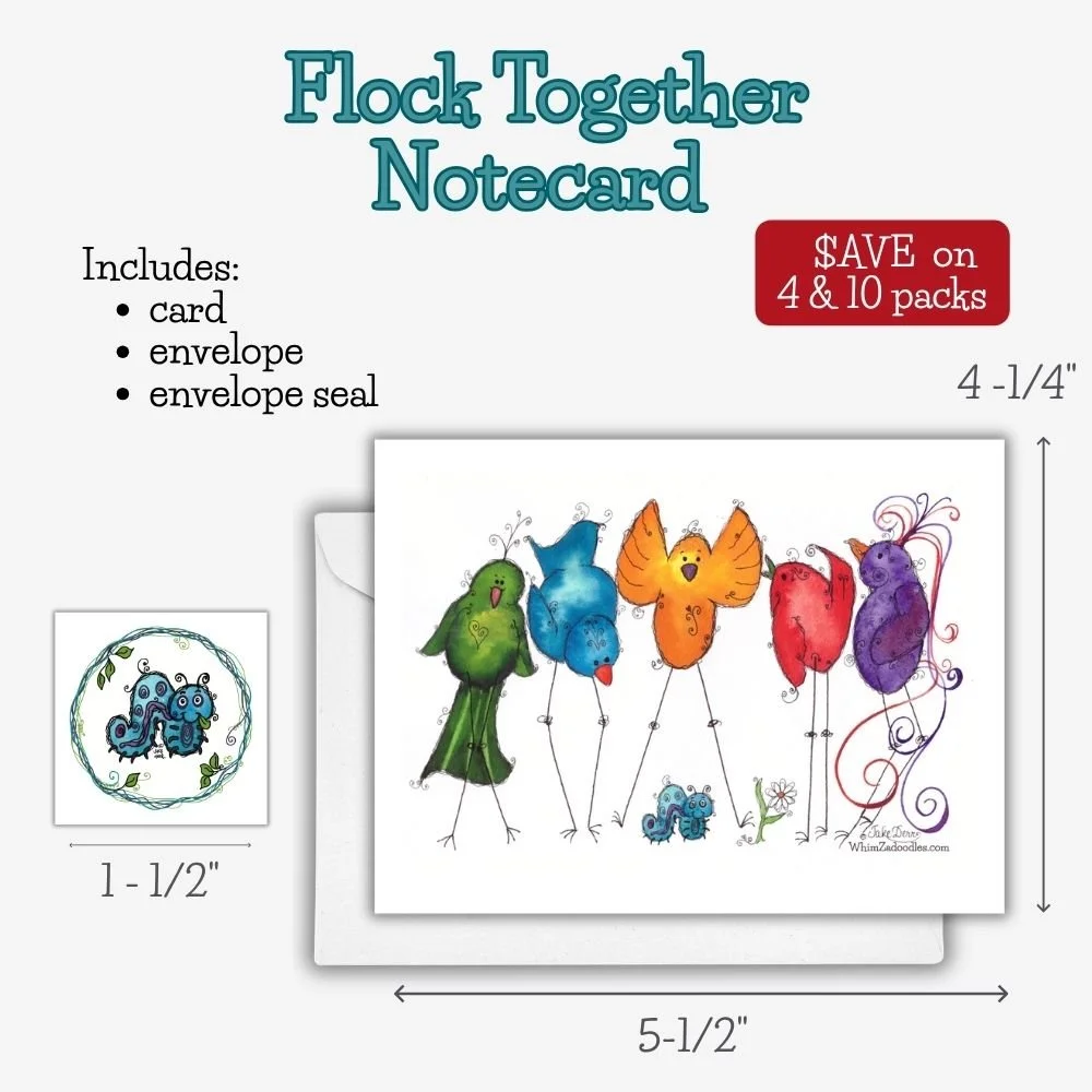 Whimsical watercolor notecard featuring five playful long-legged birds and a curious caterpillar, perfect for encouragement, friendship, and happy mail.