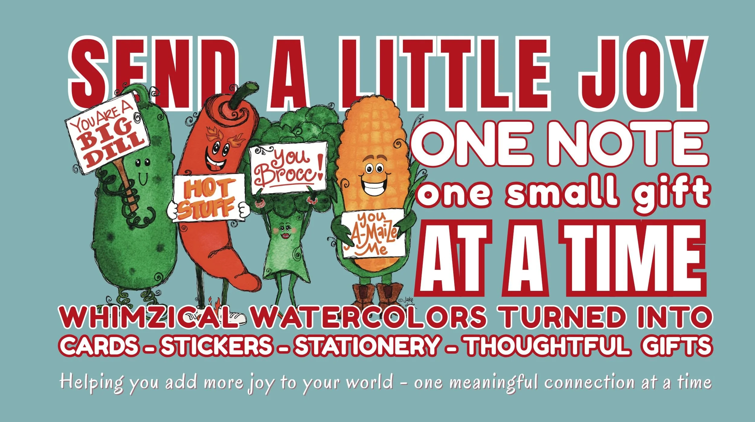 Whimsical watercolor Kindness Crew illustration by WhimZadoodles featuring “Send a little joy one note one small gift at a time” encouragement message