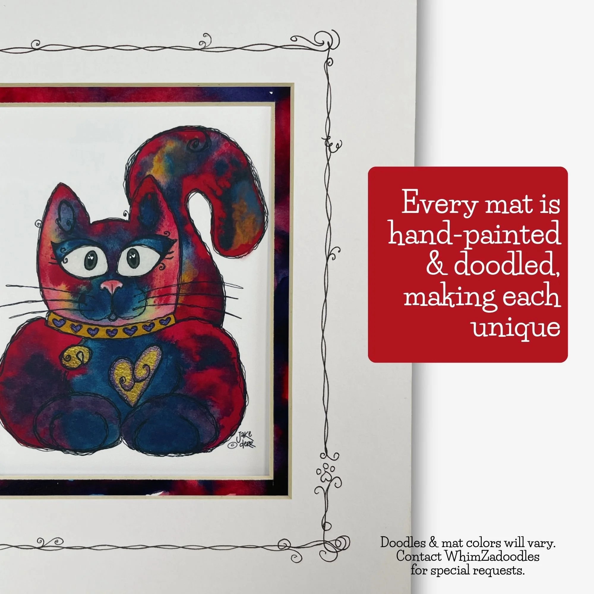 Detail of Pretty Kitty with a hand-painted mat in rich blue, red and purple with gold accents and delicate hand-doodled lines. Each mat is individually finished and unique.