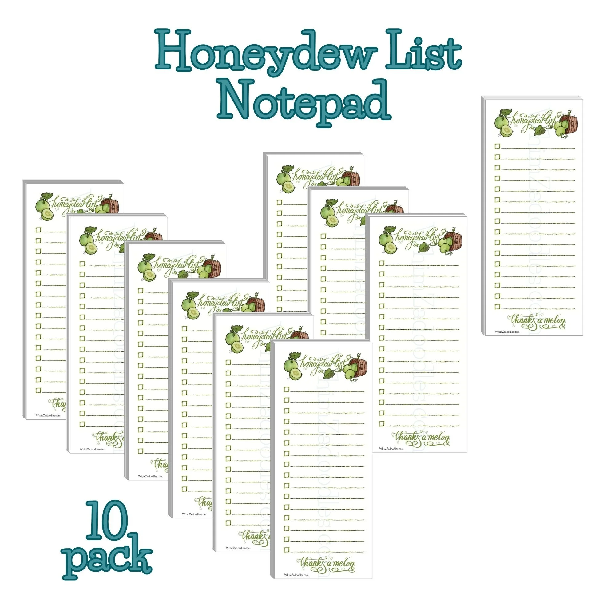 Bundle of ten honeydew list notepads arranged in a neat stack highlighting quantity and consistent whimsical design
