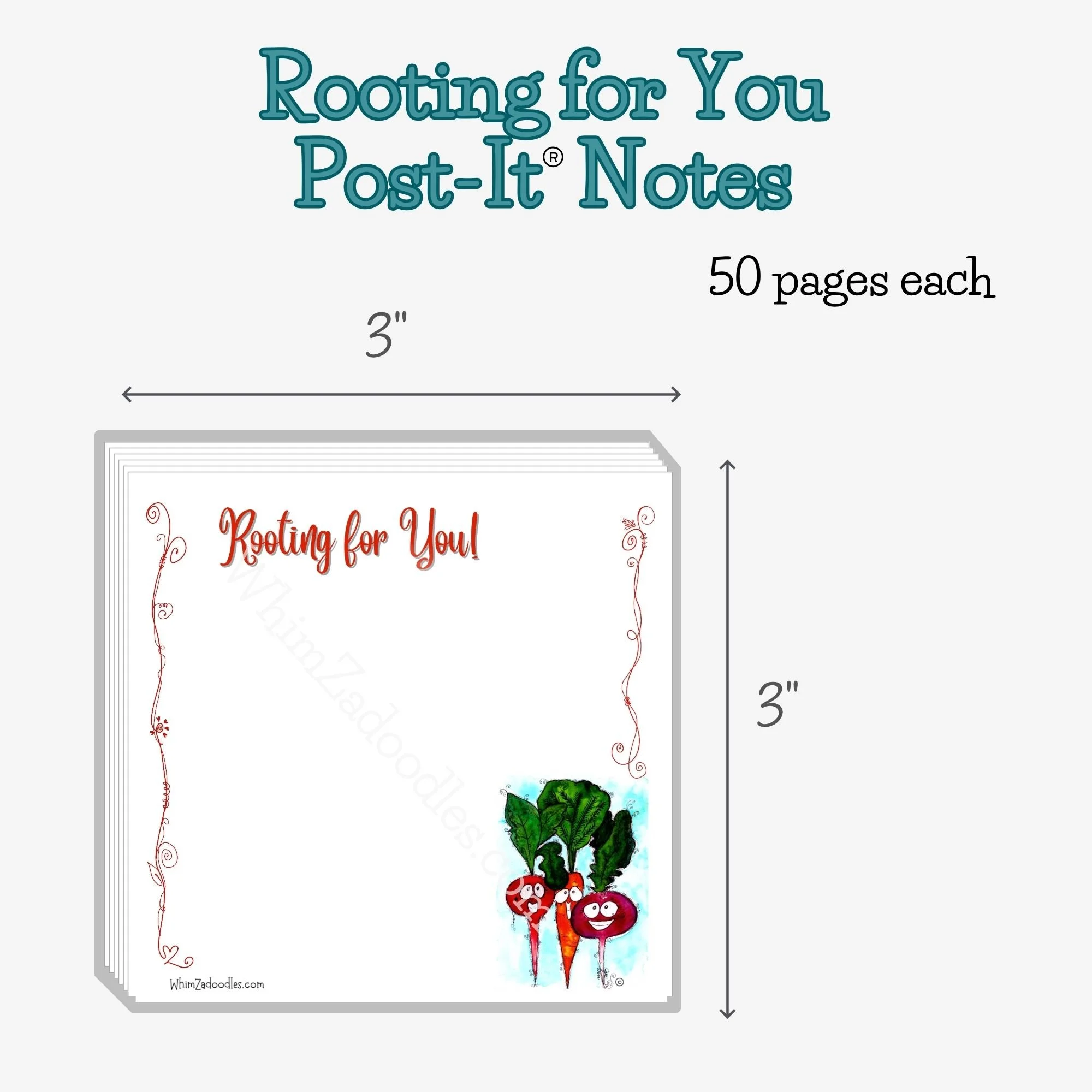 Single Rooting for You sticky note pad shown with dimensions, featuring a trio of happy root vegetables and space for short messages