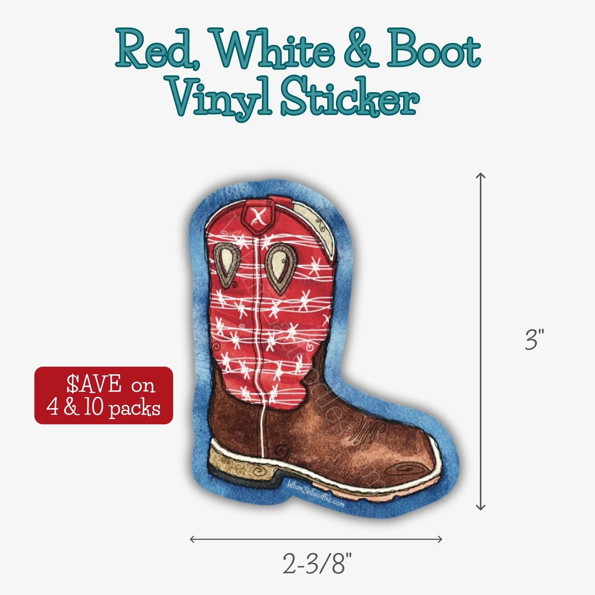 Die cut vinyl sticker shaped like a whimsical watercolor cowboy boot with playful doodled details and western charm.