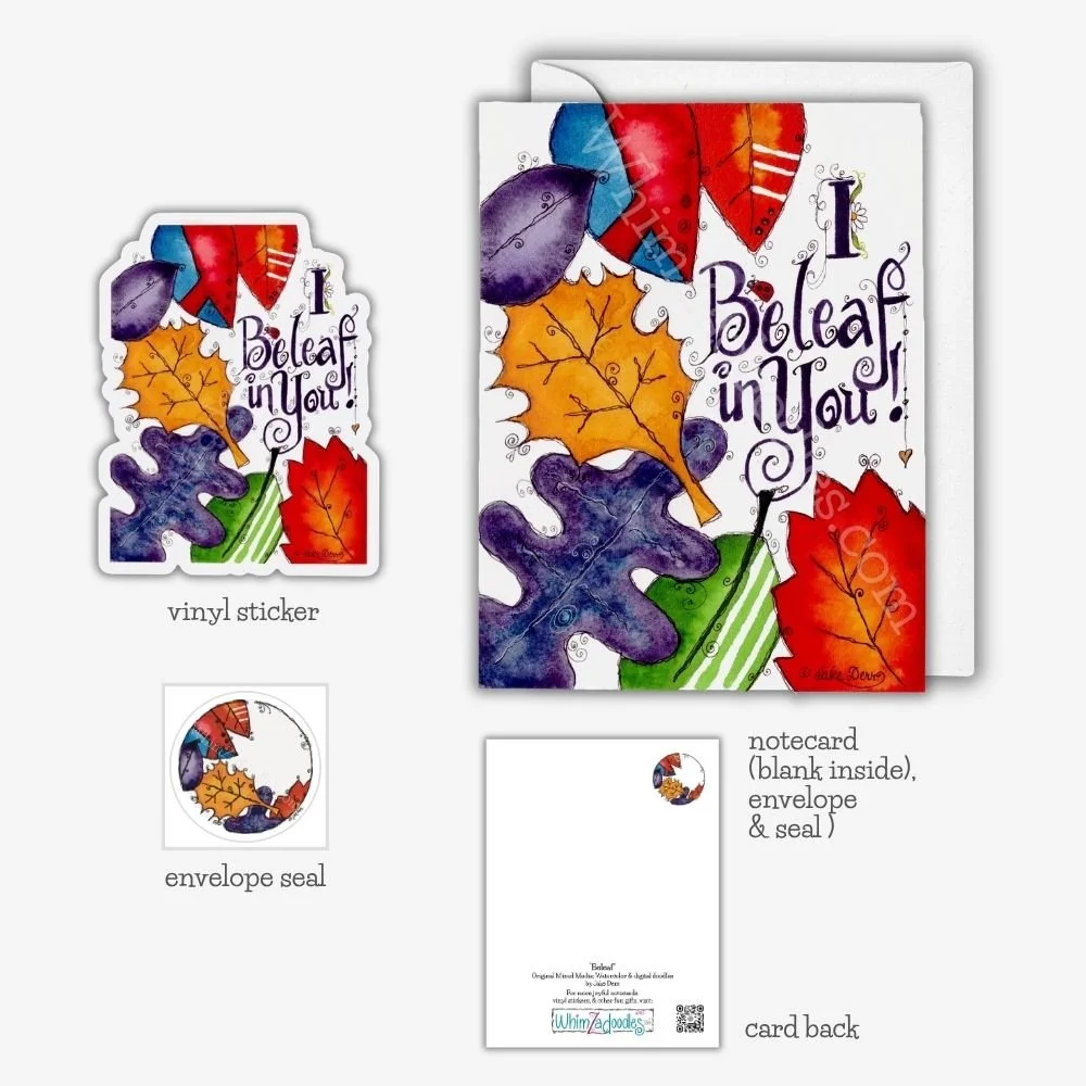 Beleaf in Yourself watercolor collection featuring whimsical plant-themed notecards, vinyl stickers, and coordinating envelope and gift seals for encouraging thoughtful connections.