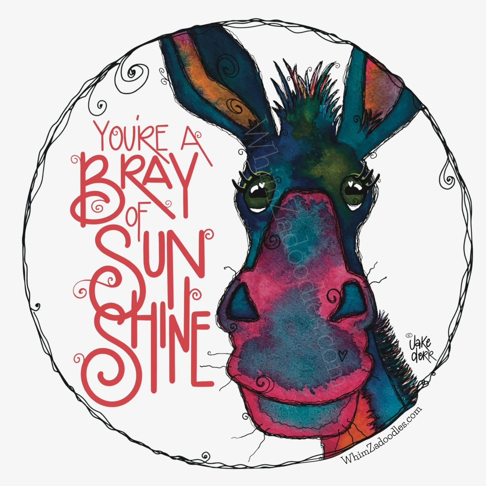 Drink coaster featuring Clementine Cloverbottom, a colorful watercolor donkey, with the encouraging phrase "You're a Bray of Sunshine."