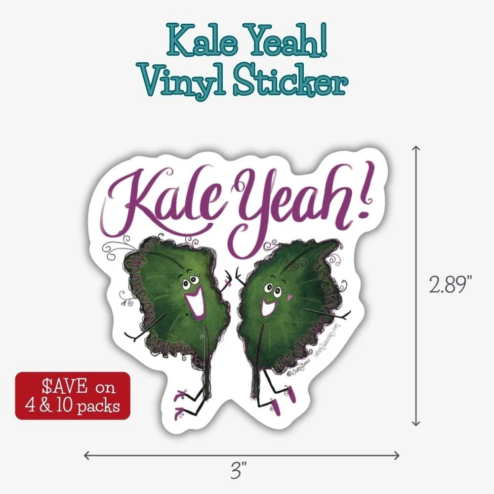 Waterproof vinyl sticker featuring adorable high-fiving kale leaves with a heart. Perfect for water bottles, laptops, journals, and planners.