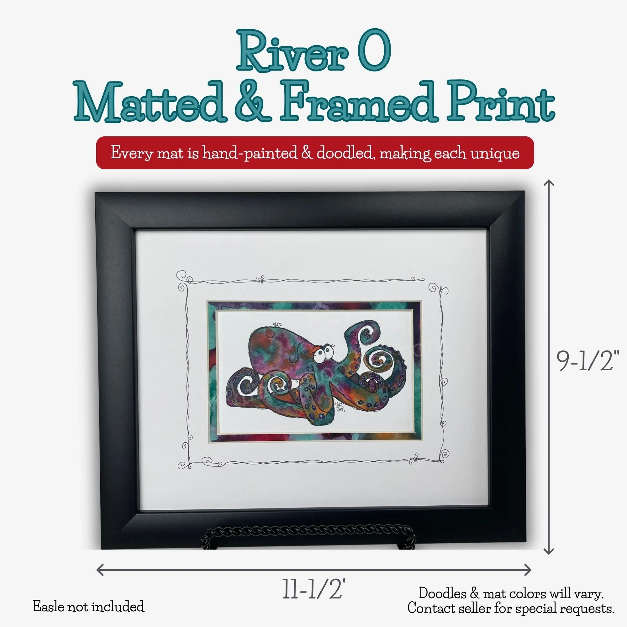 Framed River O the Octopus watercolor art shown with dimensions, featuring a colorful hand-painted and doodled mat.