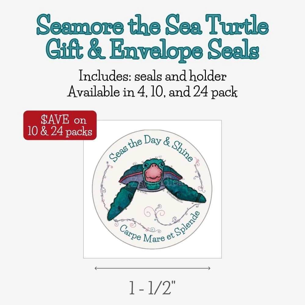Round gift and envelope seal featuring Seamore Sea Turtle with the uplifting phrase "Seas the Day & Shine."