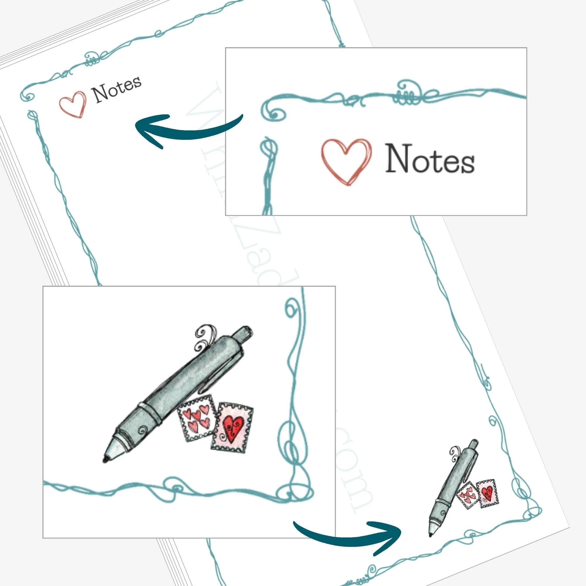 Close up details of WhimZadoodles' Heart Notes notepad.
