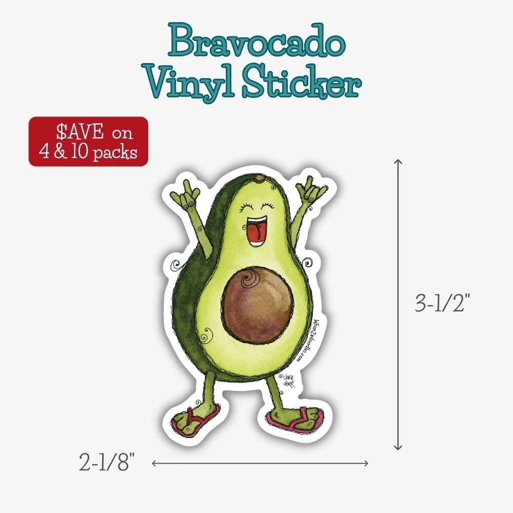 Durable waterproof Bravocado vinyl sticker featuring an adorable watercolor avocado illustration for water bottles, laptops, journals and planners.