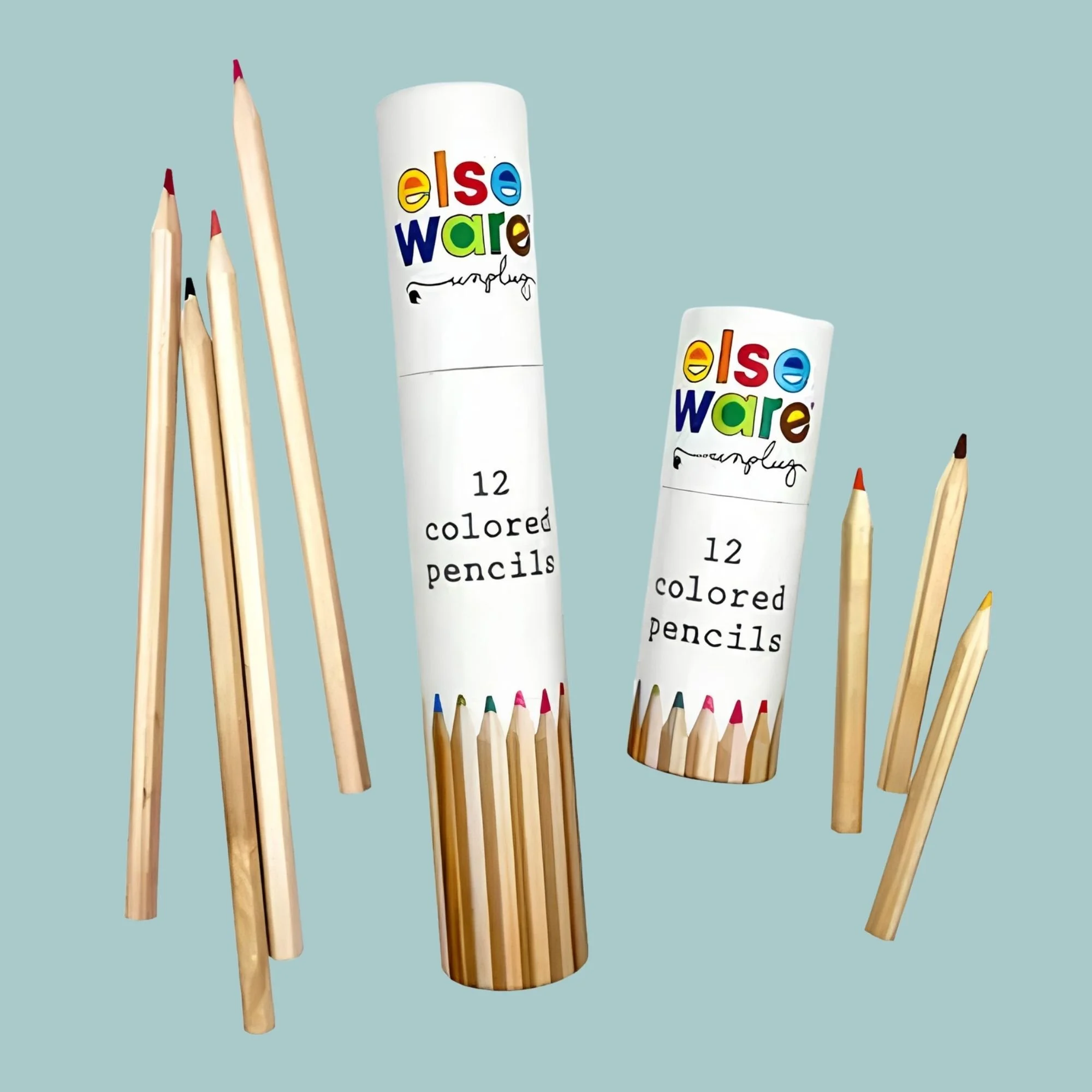 Sets of 12 colored pencils in reuasable cardboard storage tube for coloring and creative projects.