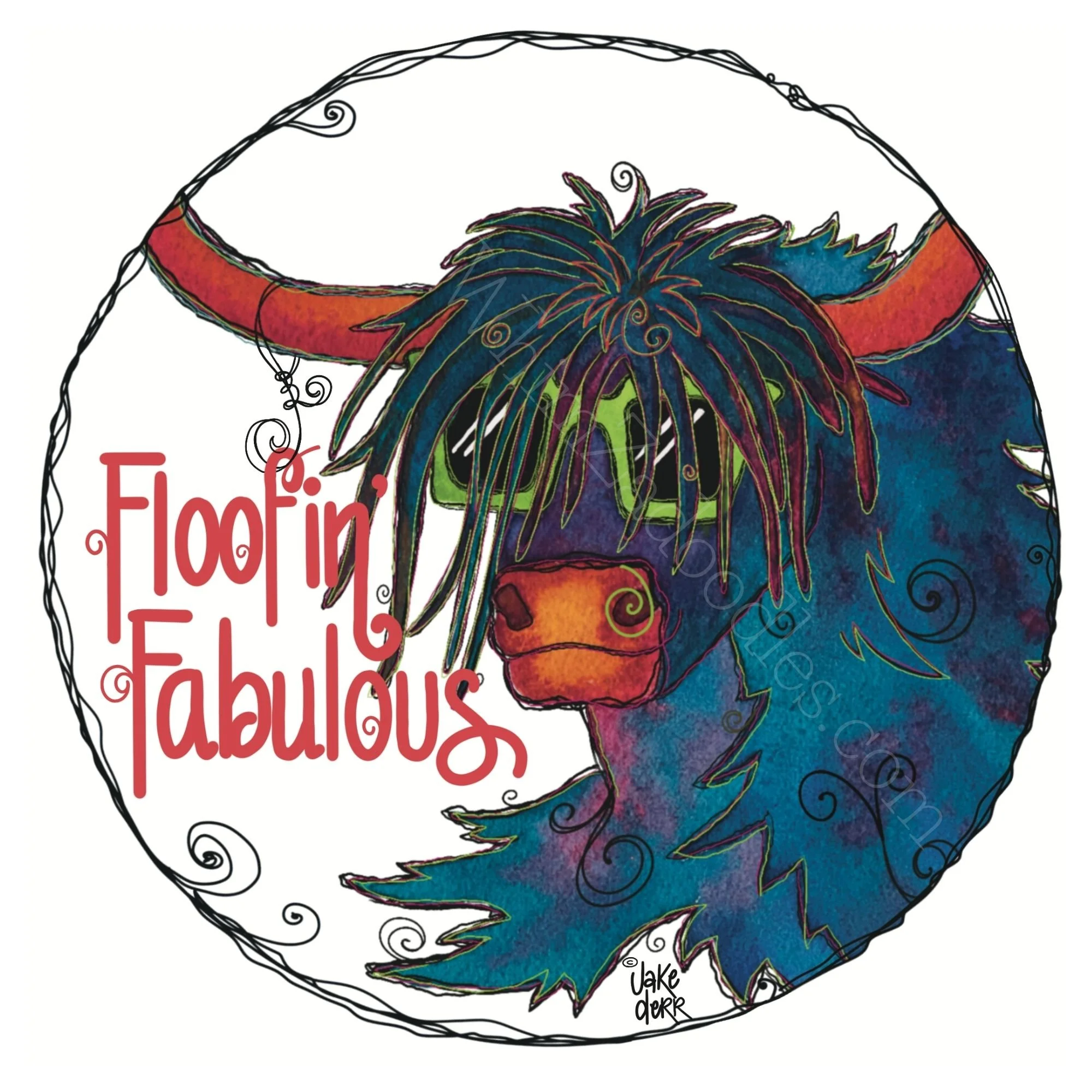Colorful Highland cow drink coaster featuring Angus McFloof'nHoof wearing lime green sunglasses and the phrase Floofin' Fabulous.
