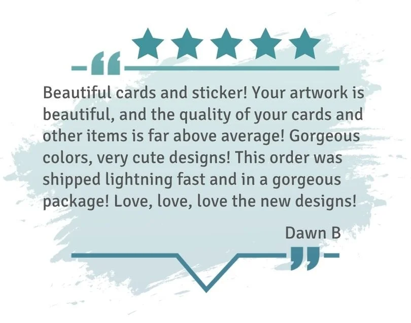 Customer review praising WhimZadoodles beautiful cards and stickers, highlighting vibrant colors, cute designs, high quality materials, fast shipping, and gorgeous gift packaging, from Dawn B