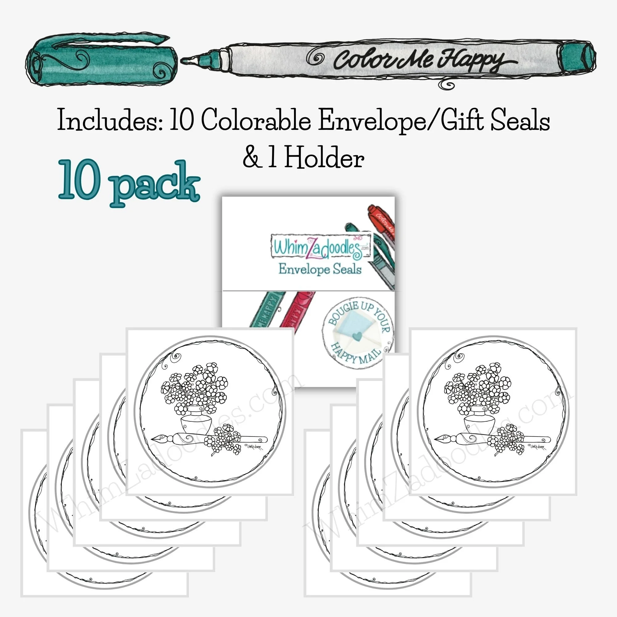Ten Pen and Petals envelope seal stickers featuring vintage-style pen and delicate petals, ideal for journaling, letters, and gift wrapping