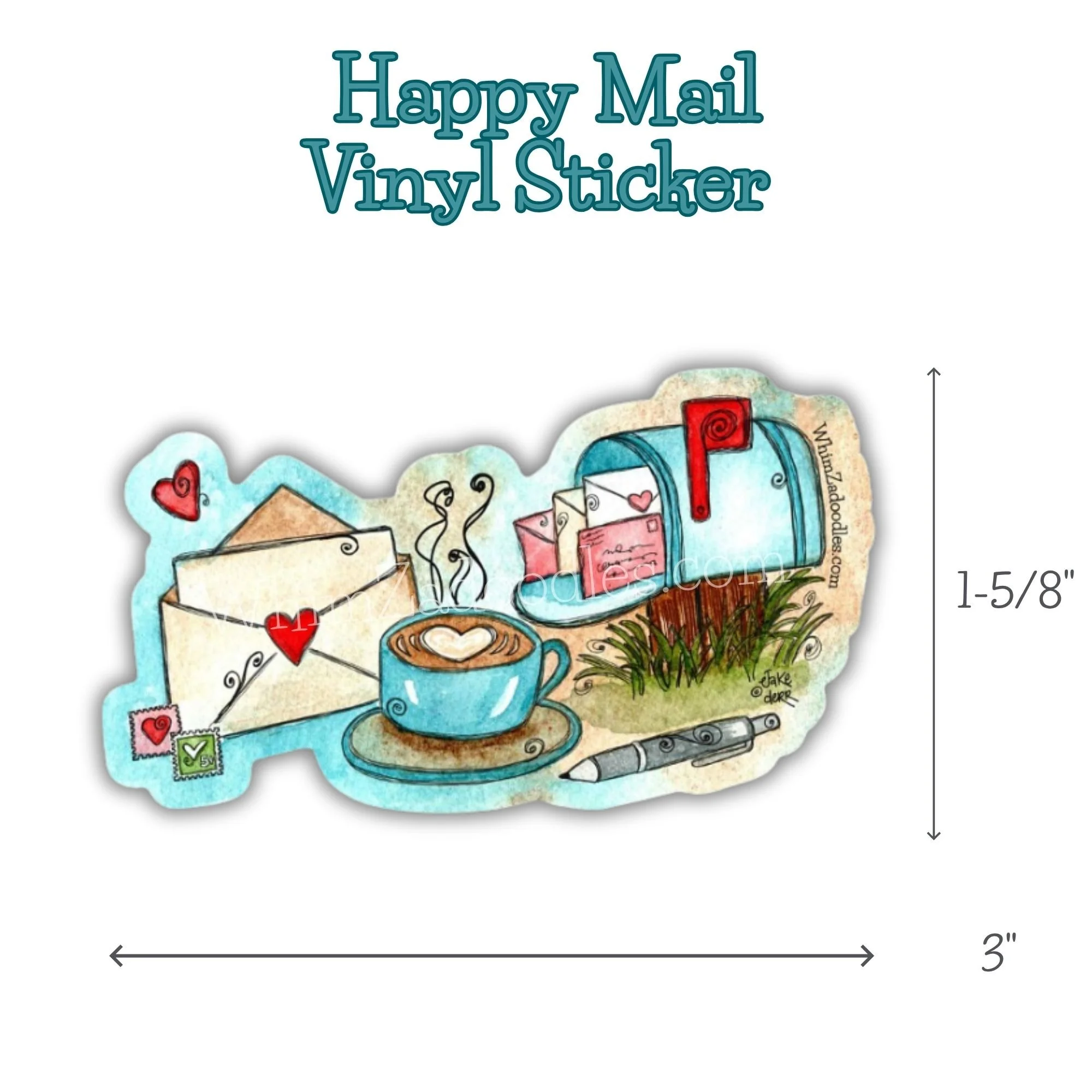 Single vinyl sticker featuring cheerful Happy Mail illustration with envelopes and pen in bright, uplifting colors