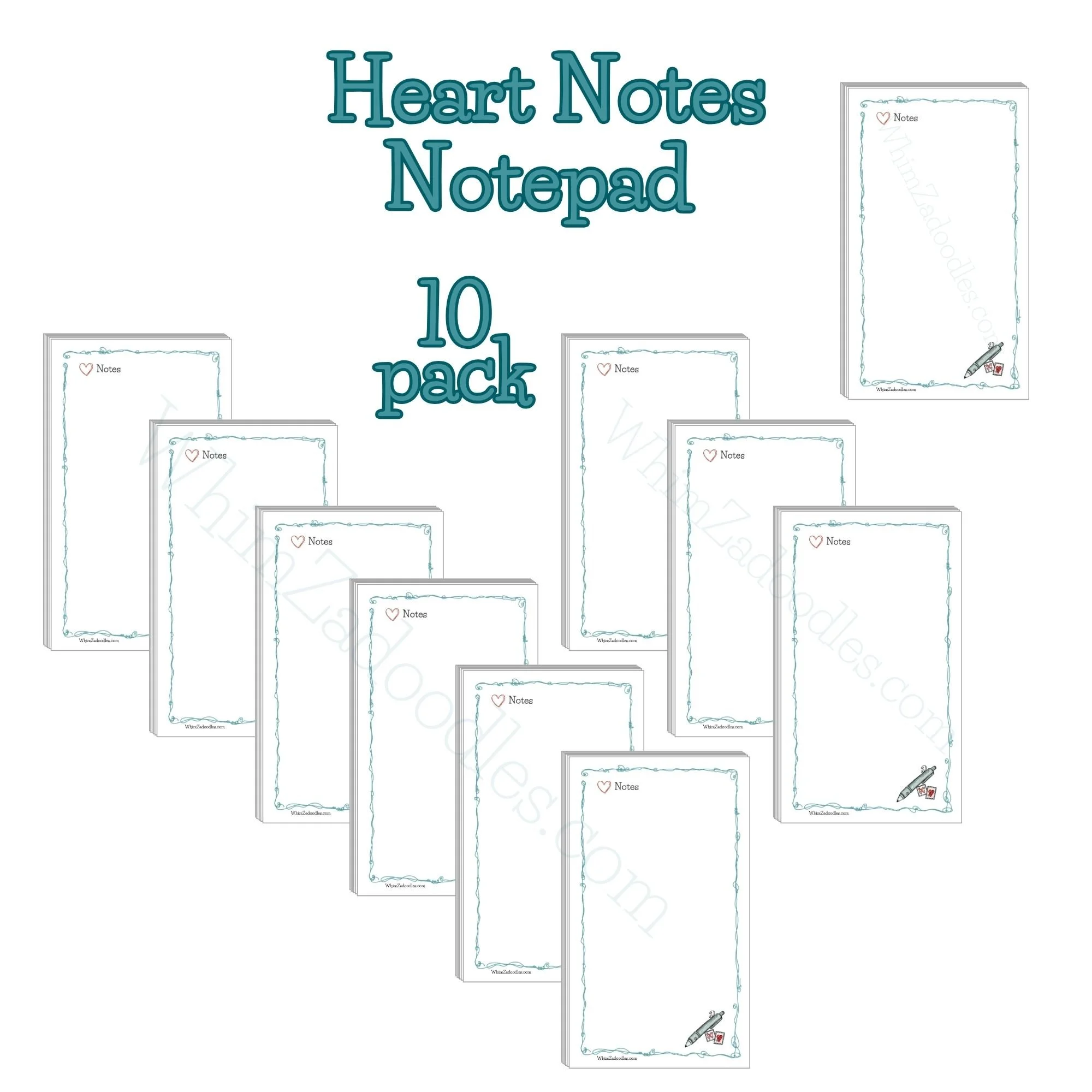 Ten Heart Notes notepads arranged in a neat stack with visible teal borders and consistent whimsical corner illustration