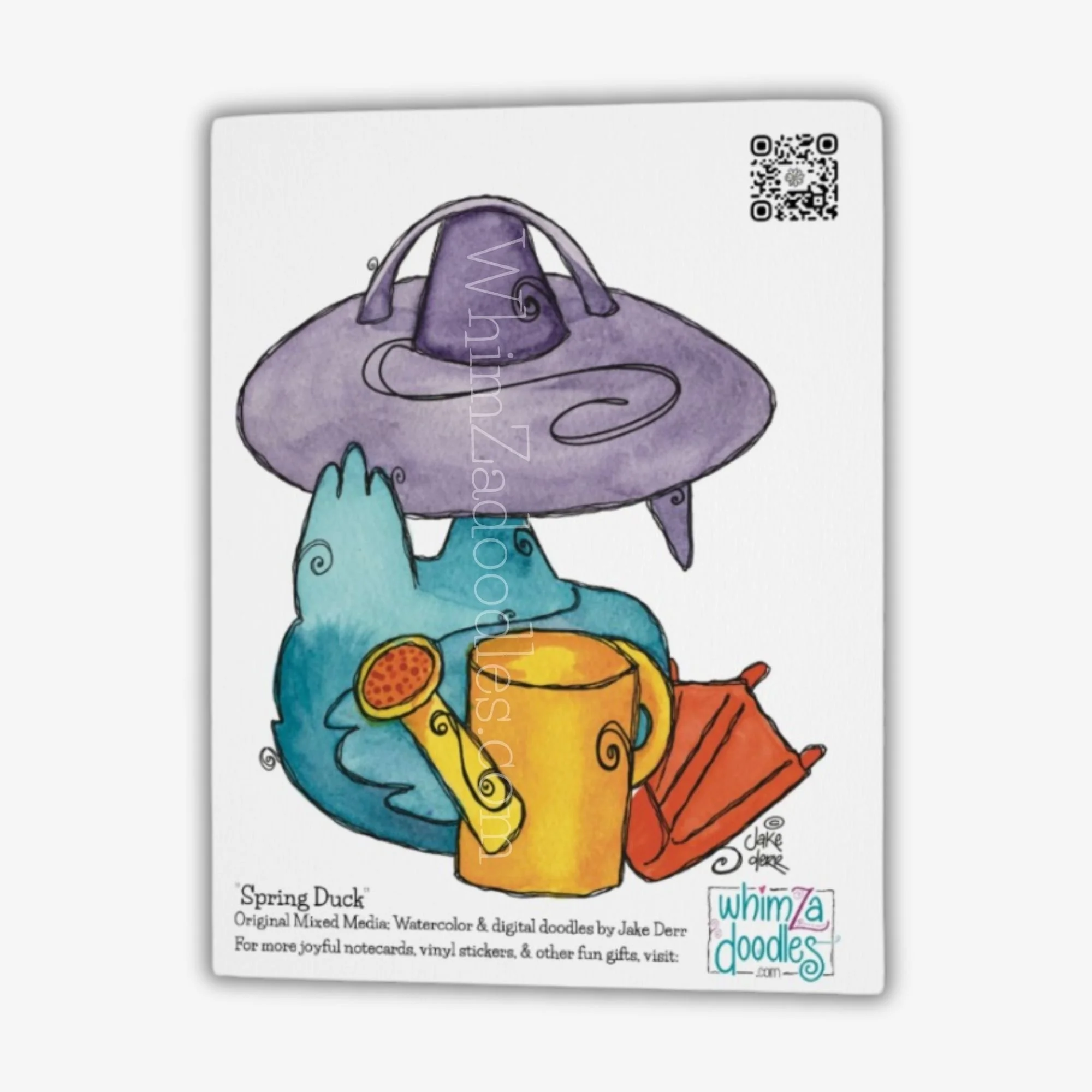 Rear view of teal duck wearing a wide purple sun hat with a yellow watering can nearby, lighthearted garden illustration on card back