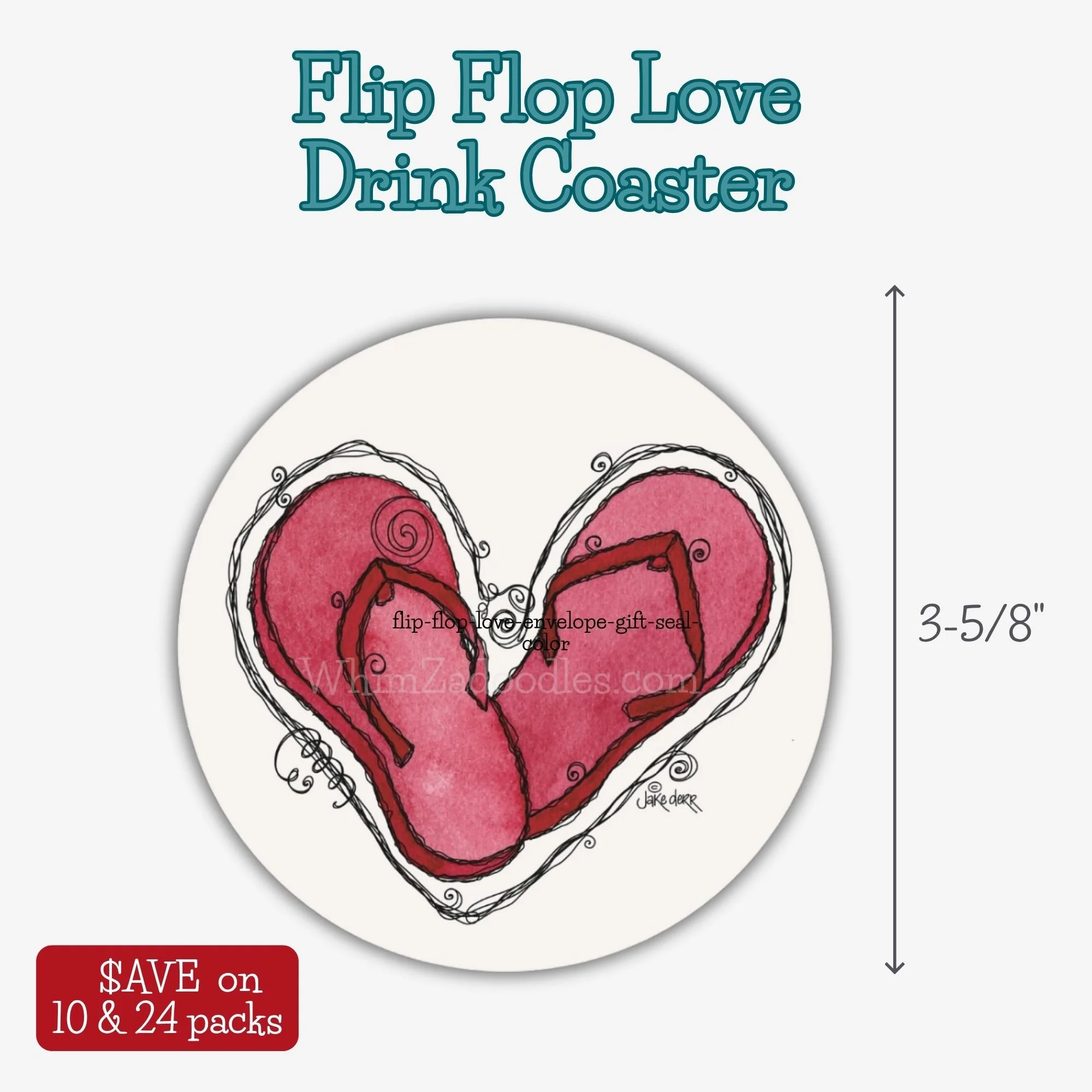 Colorful Flip Flop Love drink coaster featuring whimsical heart-shaped flip flops in playful red and pink summer tones.