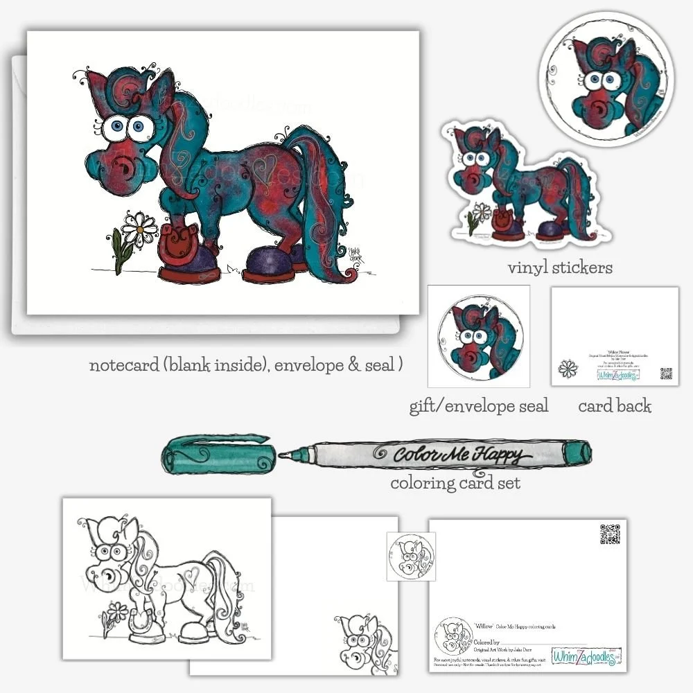 Willow Flower collection featuring a whimsical teal watercolor horse on greeting cards, vinyl stickers, and matching gift and envelope seals.