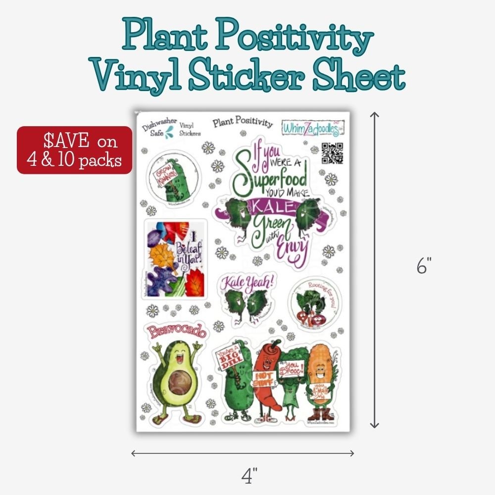 Plant Positivity sticker sheet available in single, 4-pack, and 10-pack options featuring whimsical vegetable stickers with encouraging messages.