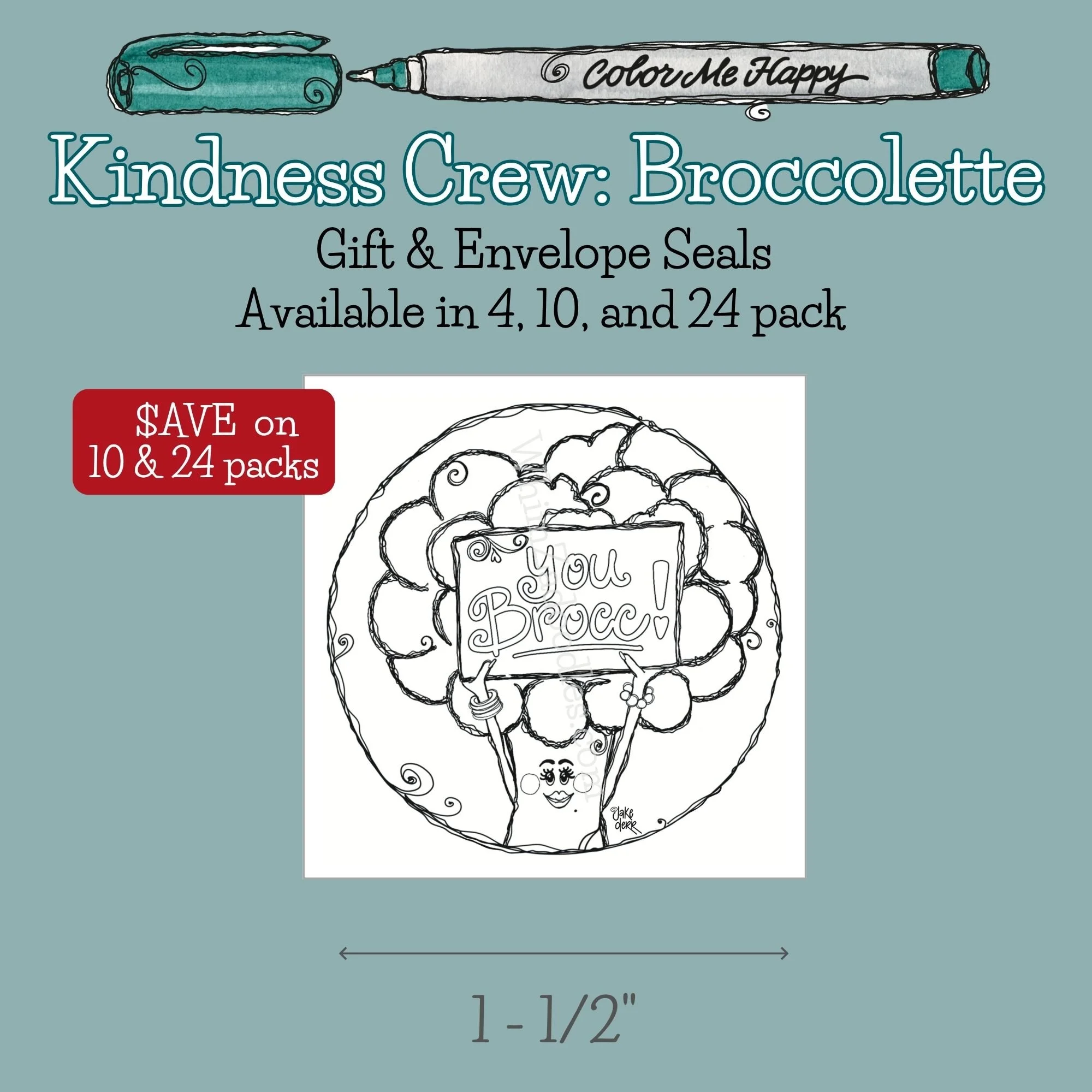 Round envelope and gift seal featuring Broccolette the broccoli from the Kindness Crew with cheerful watercolor artwork.