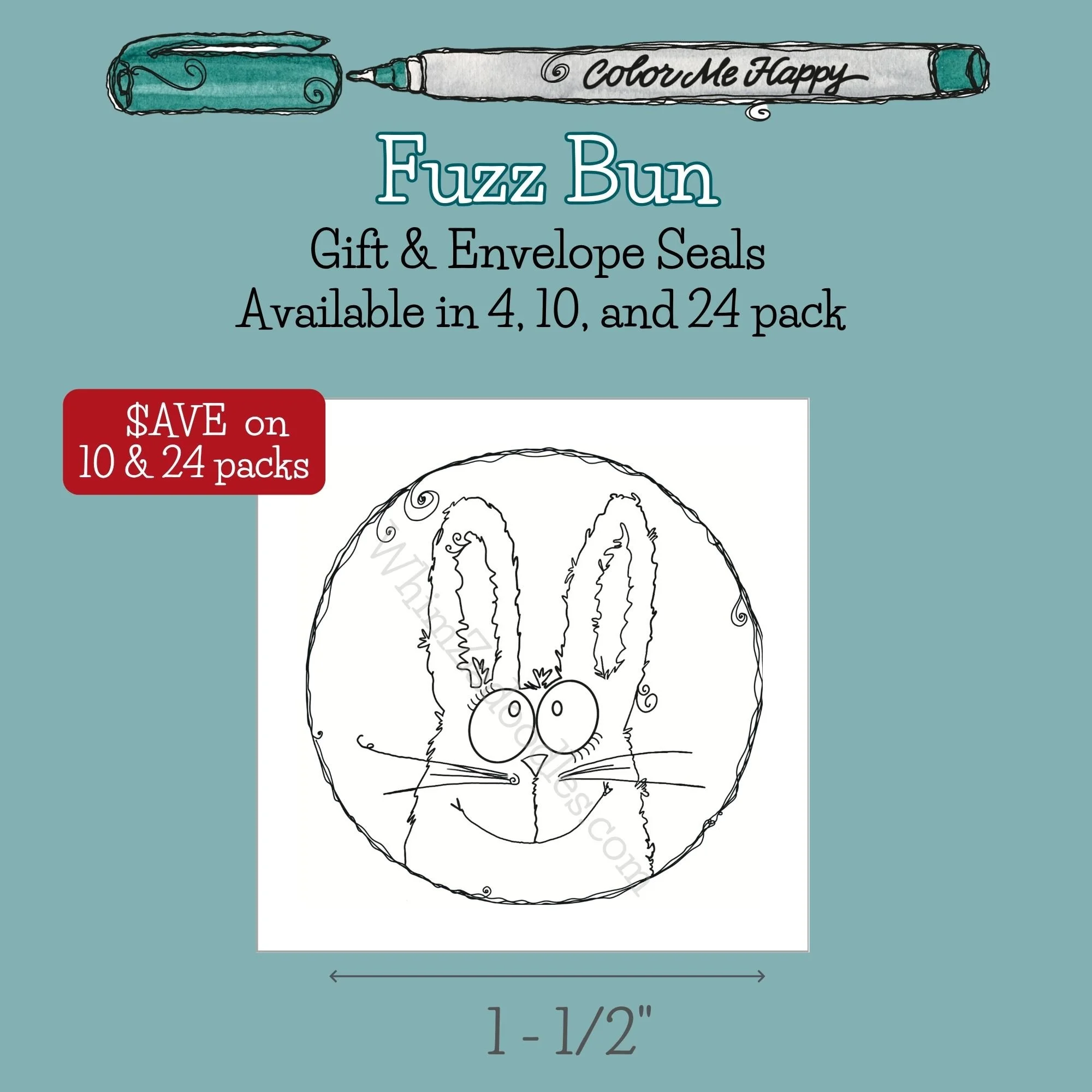 Colorable bunny envelope seal designed to coordinate with the Fuzzy Bunny Color Me Happy card set for personalized happy mail and gifts.