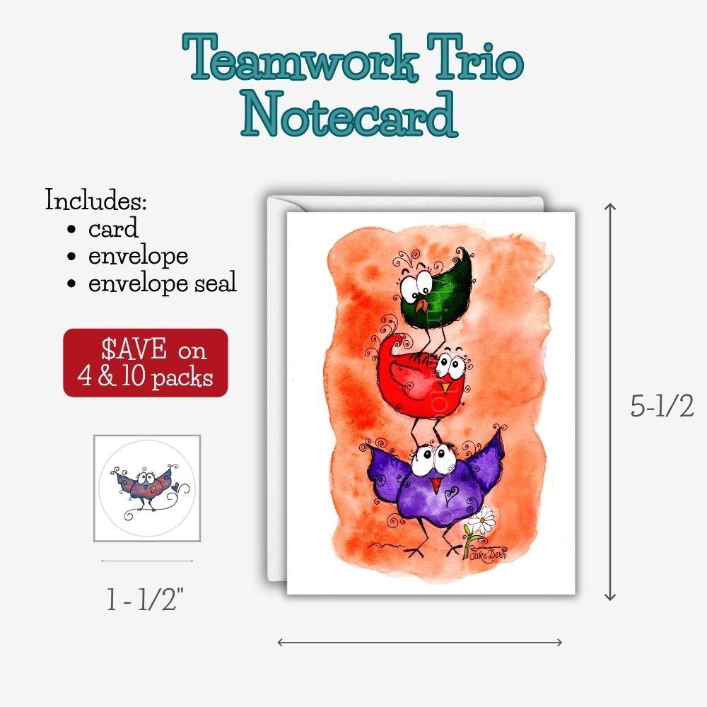 Blank greeting card featuring three whimsical birds balancing together, celebrating encouragement, teamwork, friendship, and helping others soar.